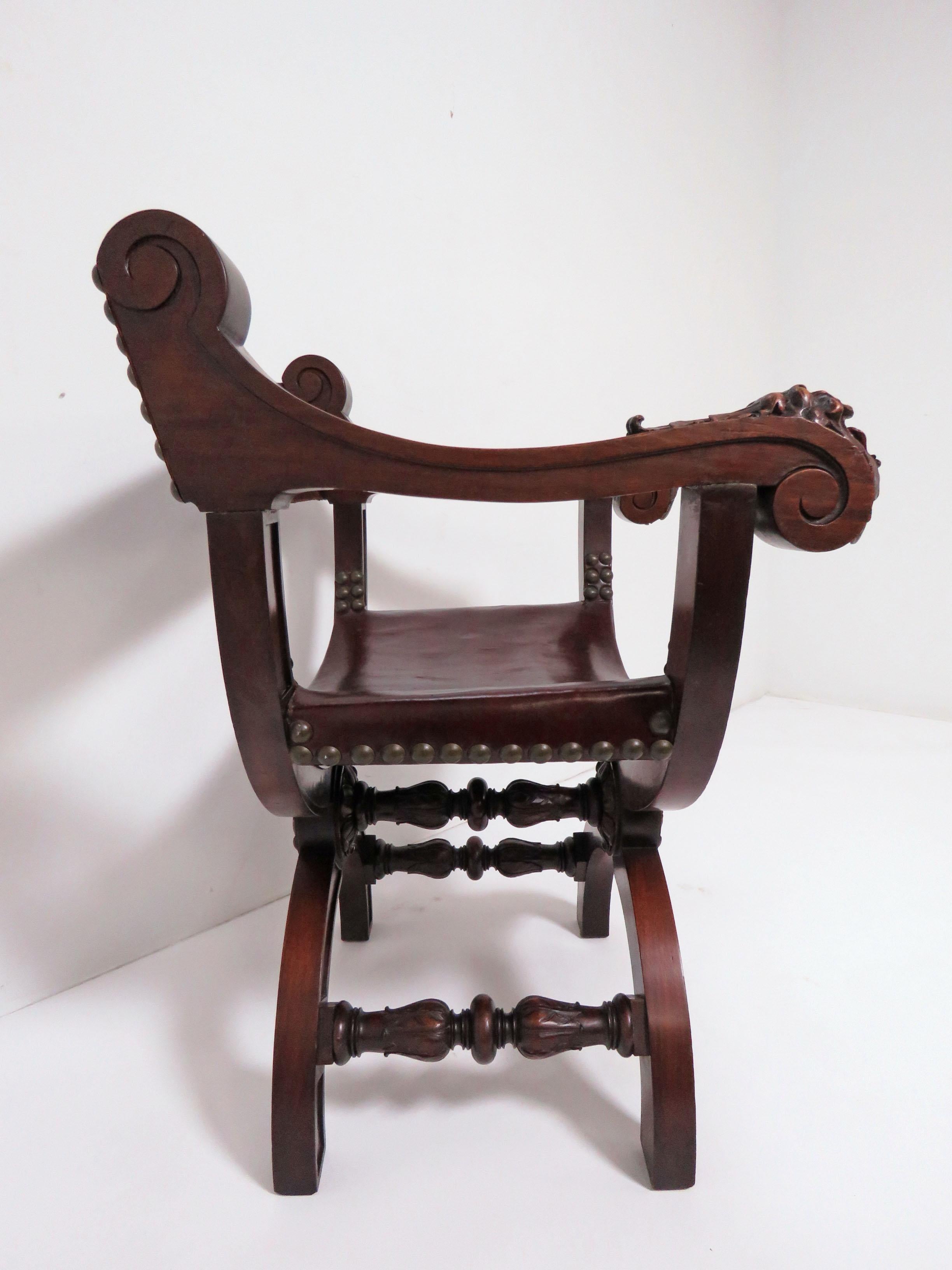 Victorian Antique 19th Century Carved Mahogany Curule Chair with Leather Slings