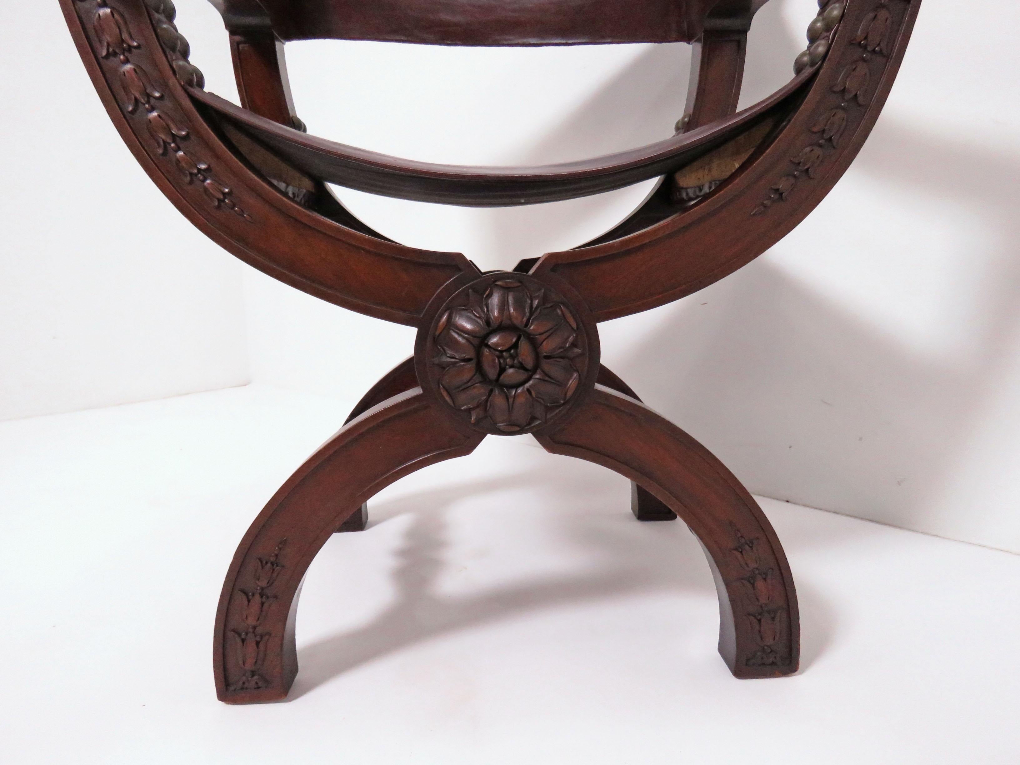 Unknown Antique 19th Century Carved Mahogany Curule Chair with Leather Slings