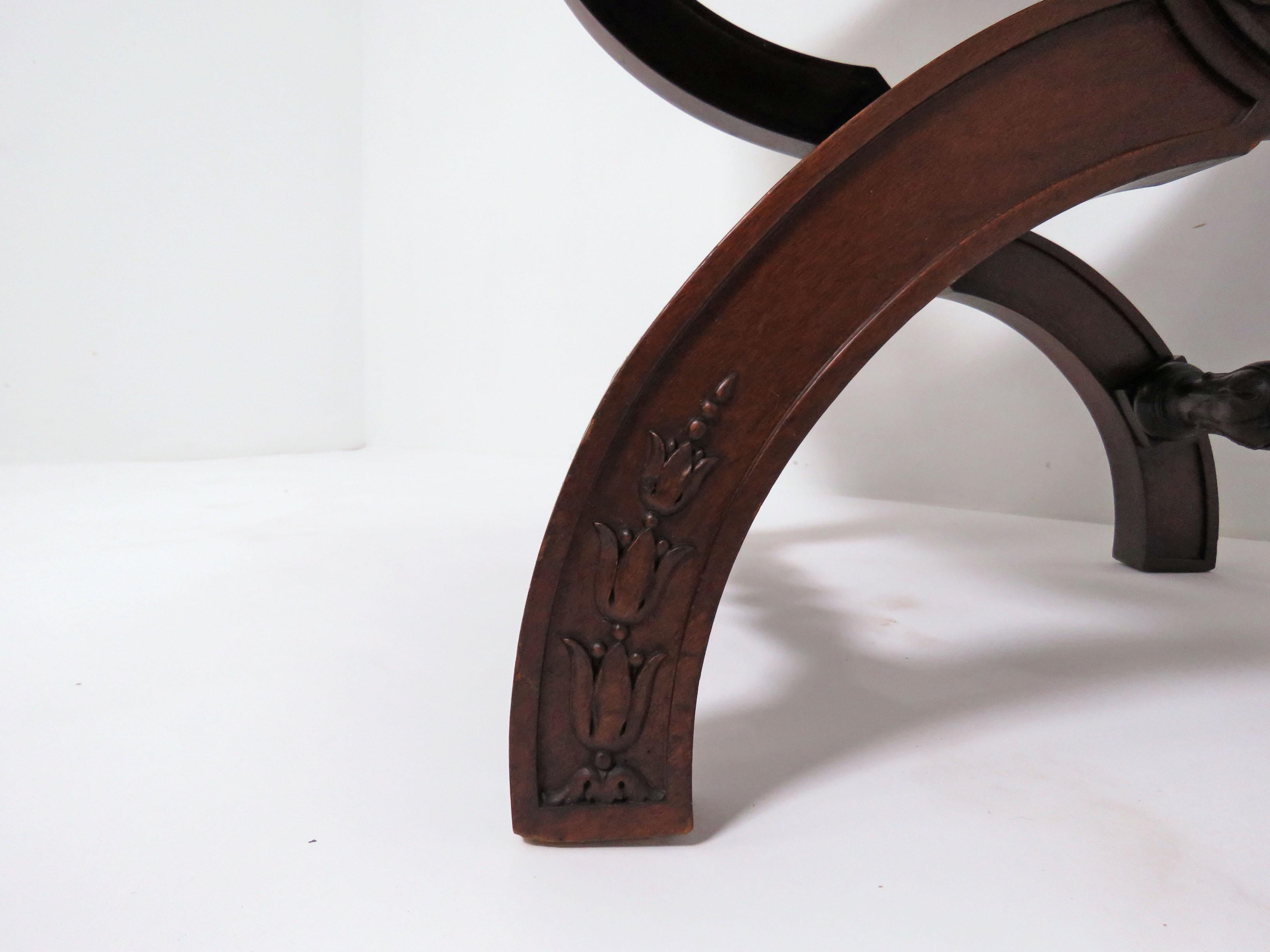 Antique 19th Century Carved Mahogany Curule Chair with Leather Slings In Good Condition In Peabody, MA