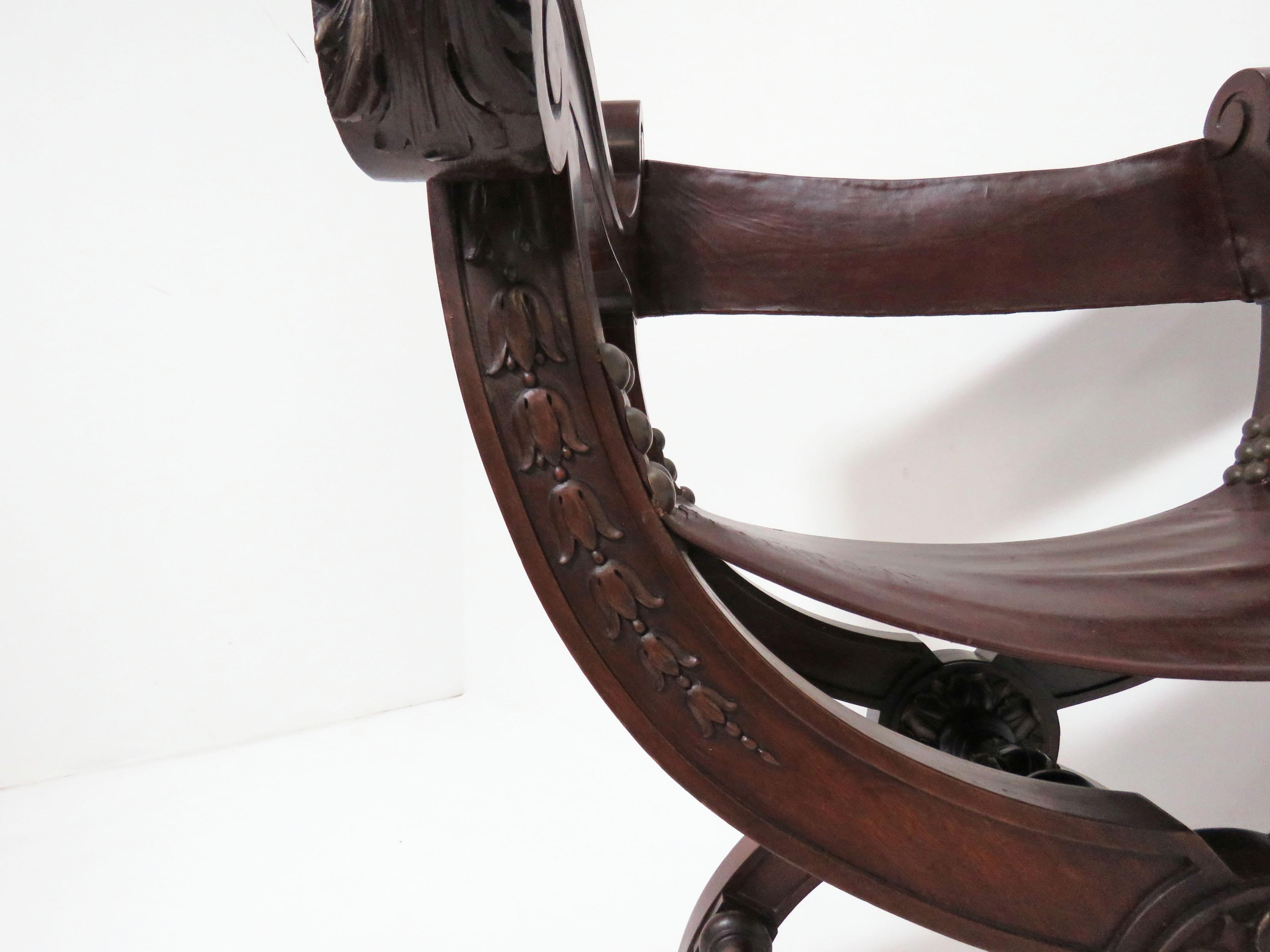 Late 19th Century Antique 19th Century Carved Mahogany Curule Chair with Leather Slings