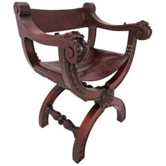 Antique 19th Century Carved Mahogany Curule Chair with Leather Slings