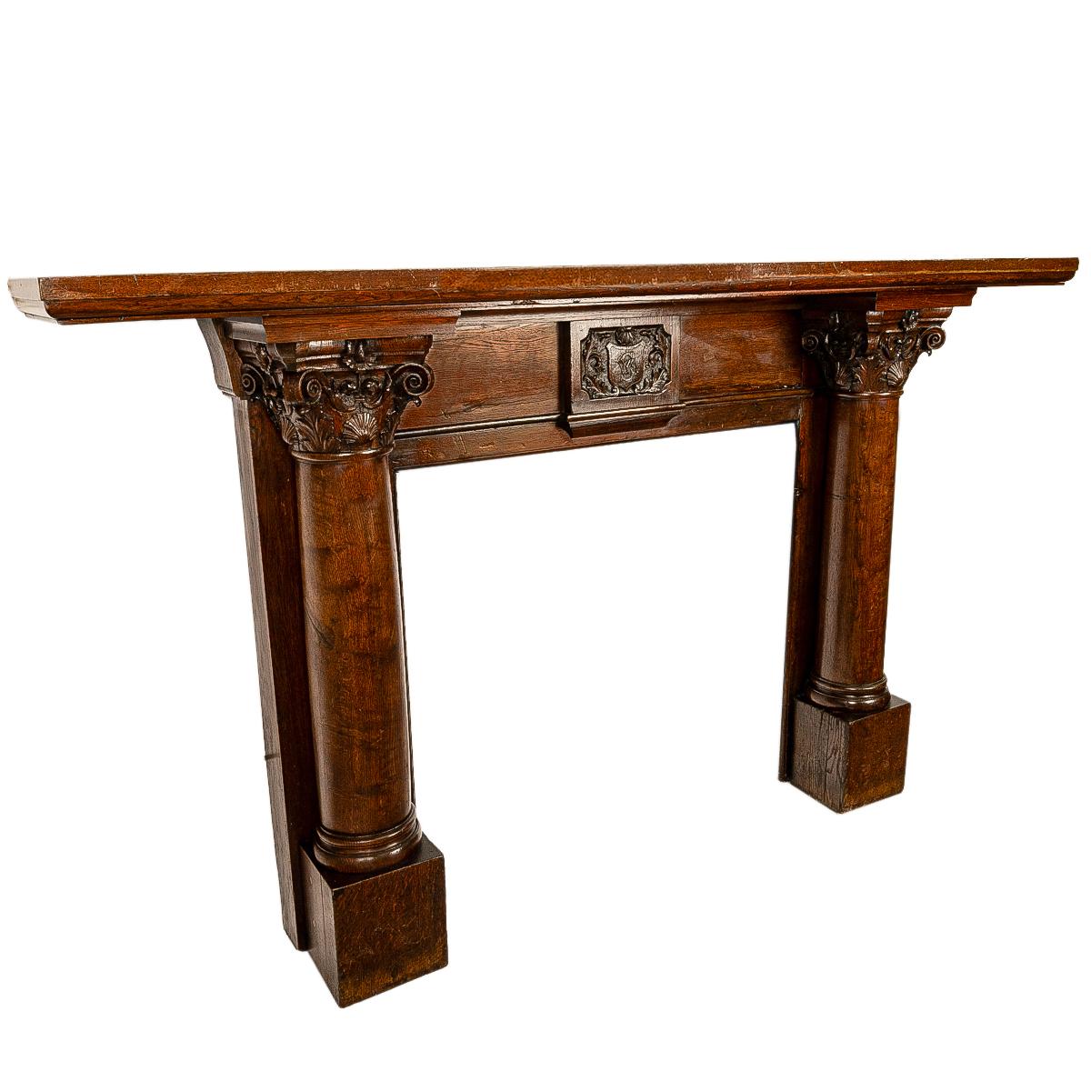 A magnificent and monumental antique American carved oak fireplace mantel, San Francisco, circa 1880.
A fabulous high Victorian, Romanesque carved oak fireplace mantel, the large 8ft wide mantel with a single board thick oak mantle top. Below is a
