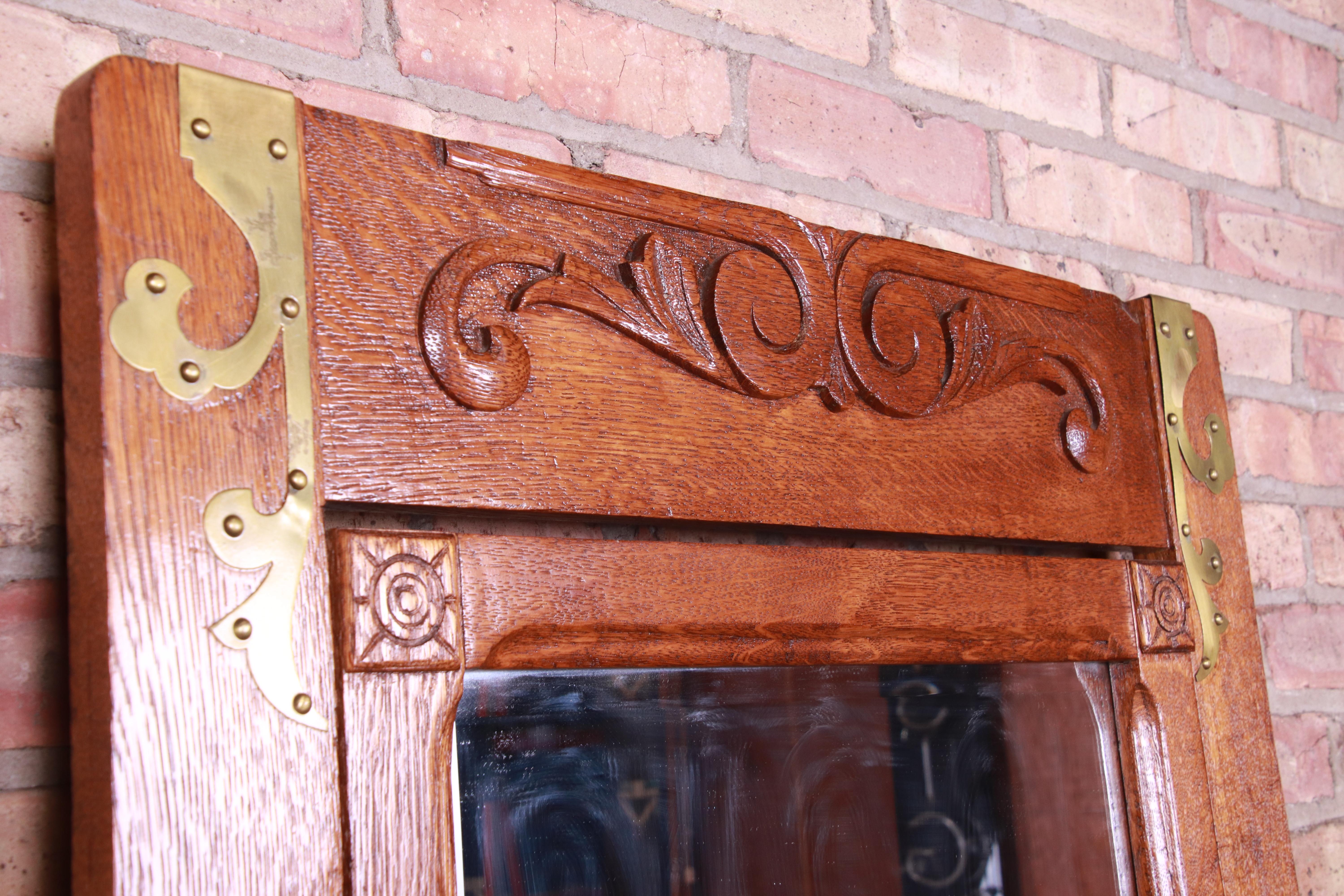 Brass Antique 19th Century Carved Oak Dresser with Mirror