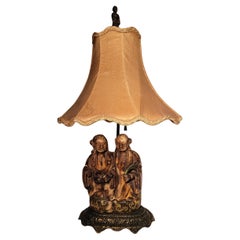 Antique 19th Century Carved Soapstone Chinoiserie Figures on Bronze Base Lamp.