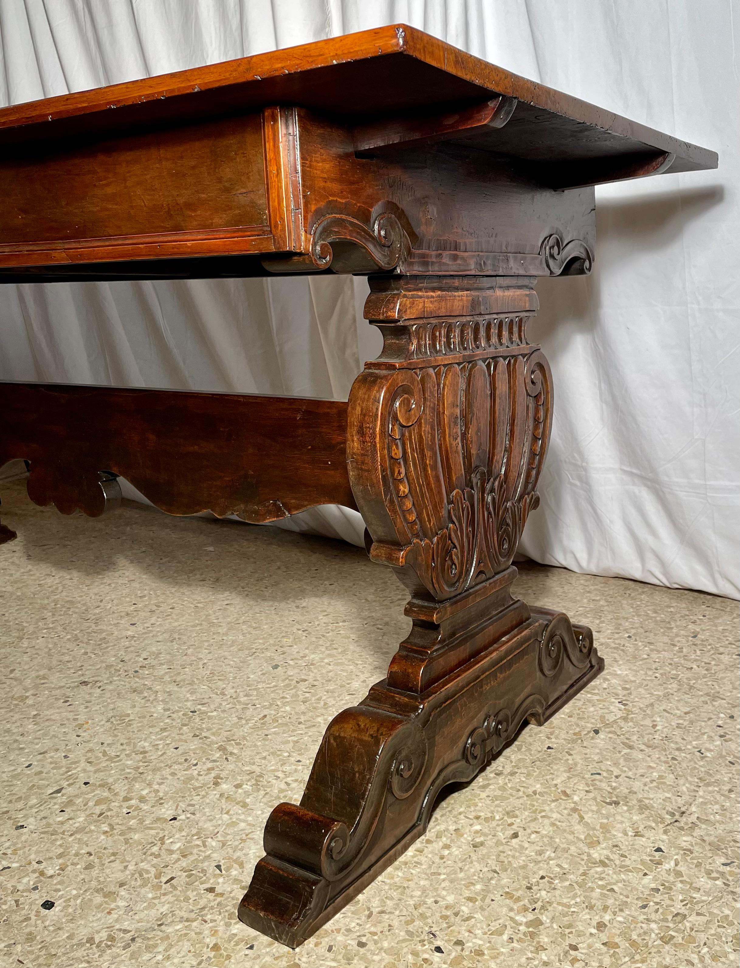Italian Antique 19th Century Carved Walnut Trestle Table For Sale
