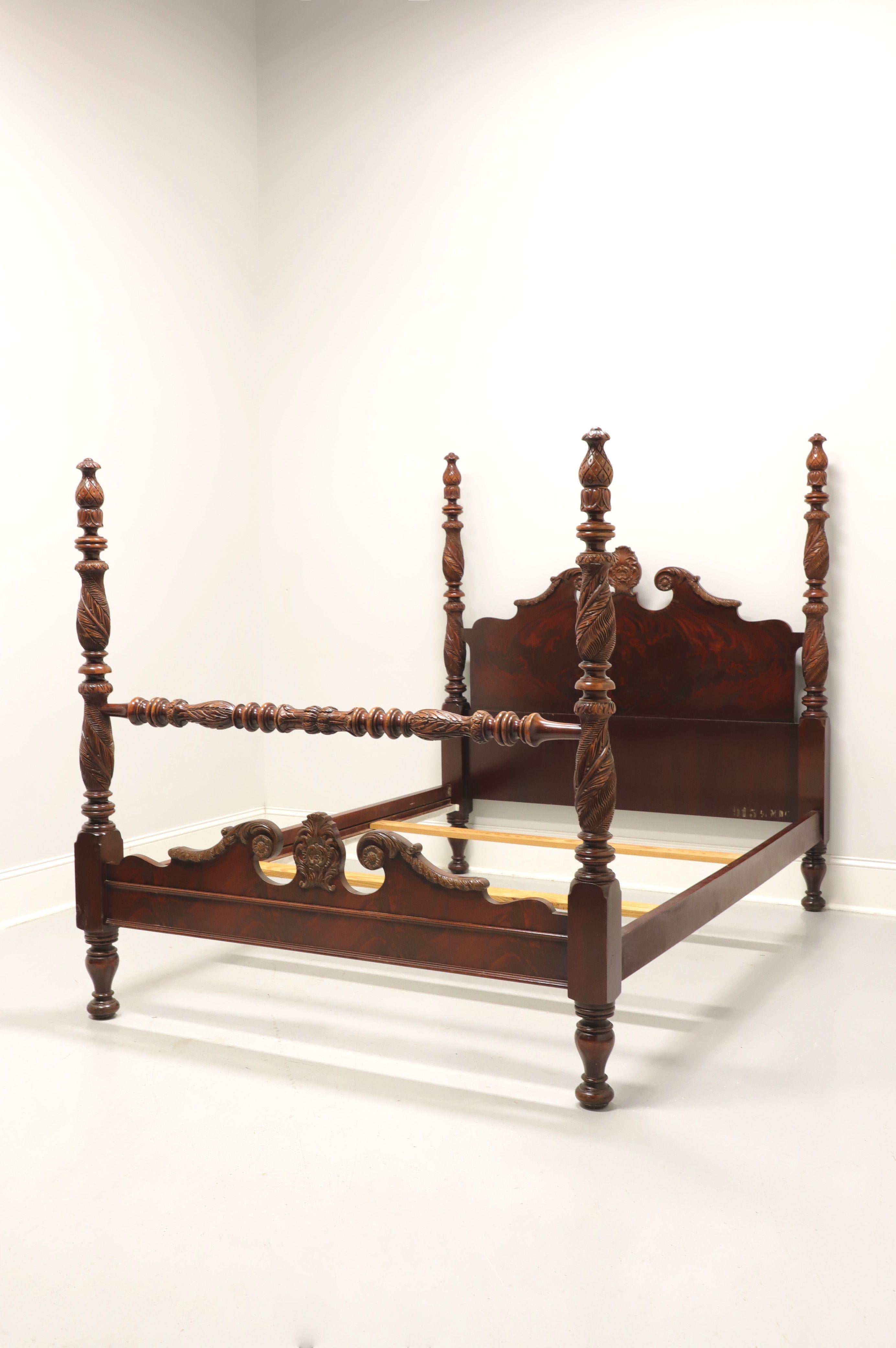 An antique Victorian style full size four poster bed, unbranded. Walnut and walnut veneers with four elaborately carved posts capped with pineapple shaped fixed finials, solid headboard with pediment shape & carved top, low carved footboard with