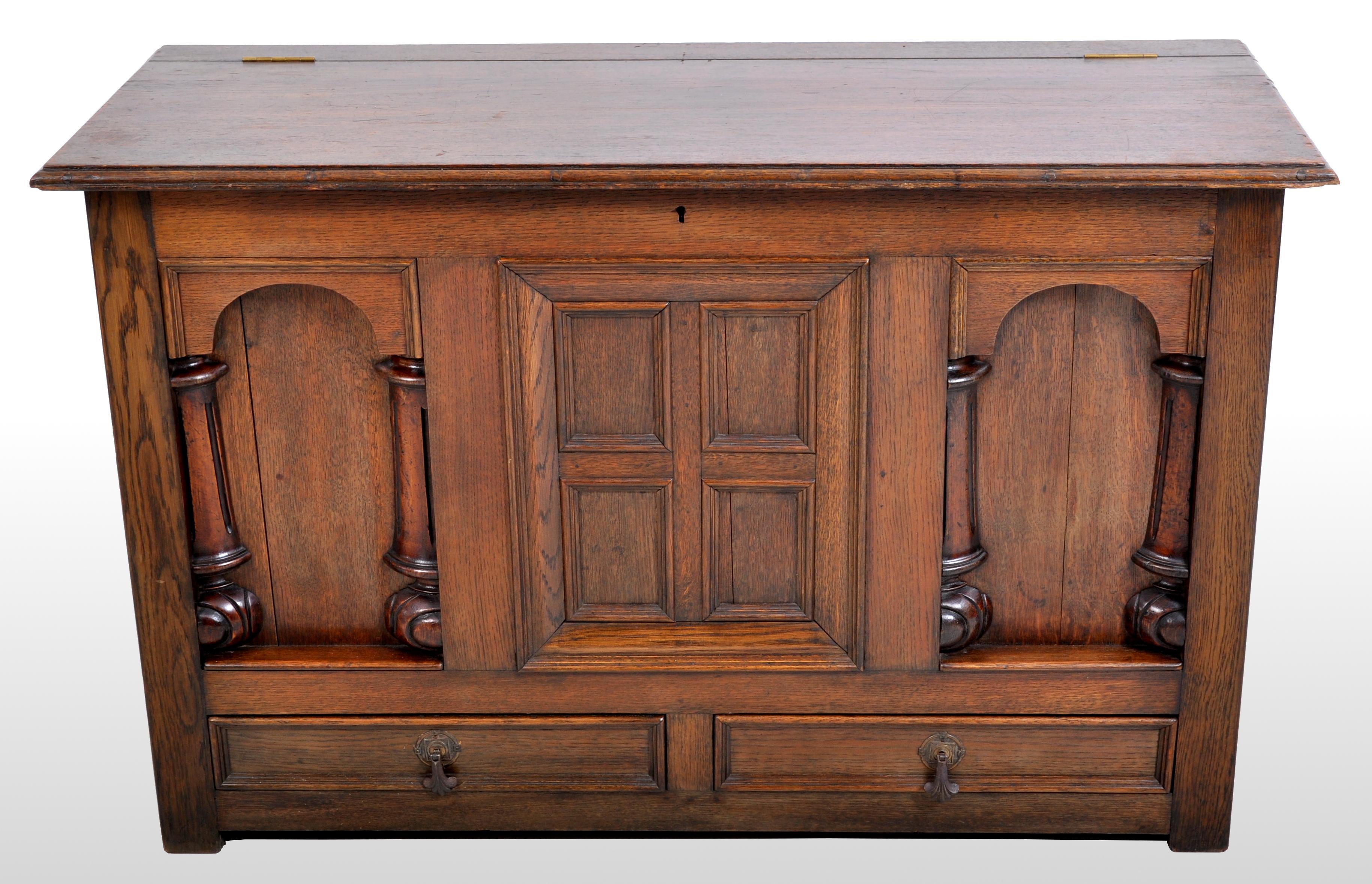 William and Mary Antique 19th Century Carved William & Mary Oak Mule Blanket Chest Coffer, 1870