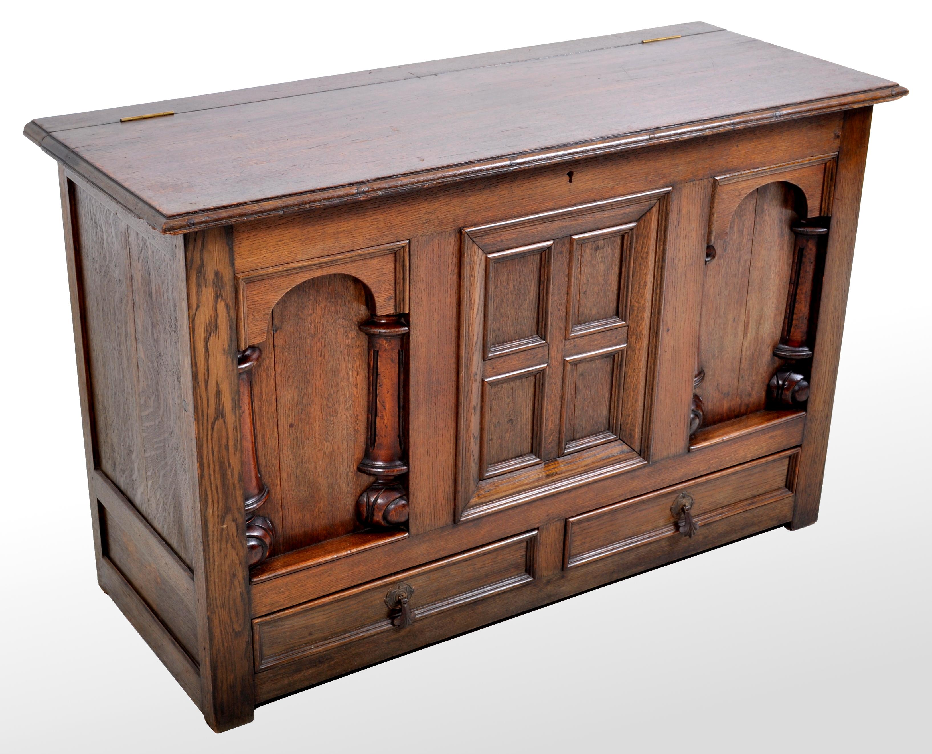 Late 19th Century Antique 19th Century Carved William & Mary Oak Mule Blanket Chest Coffer, 1870