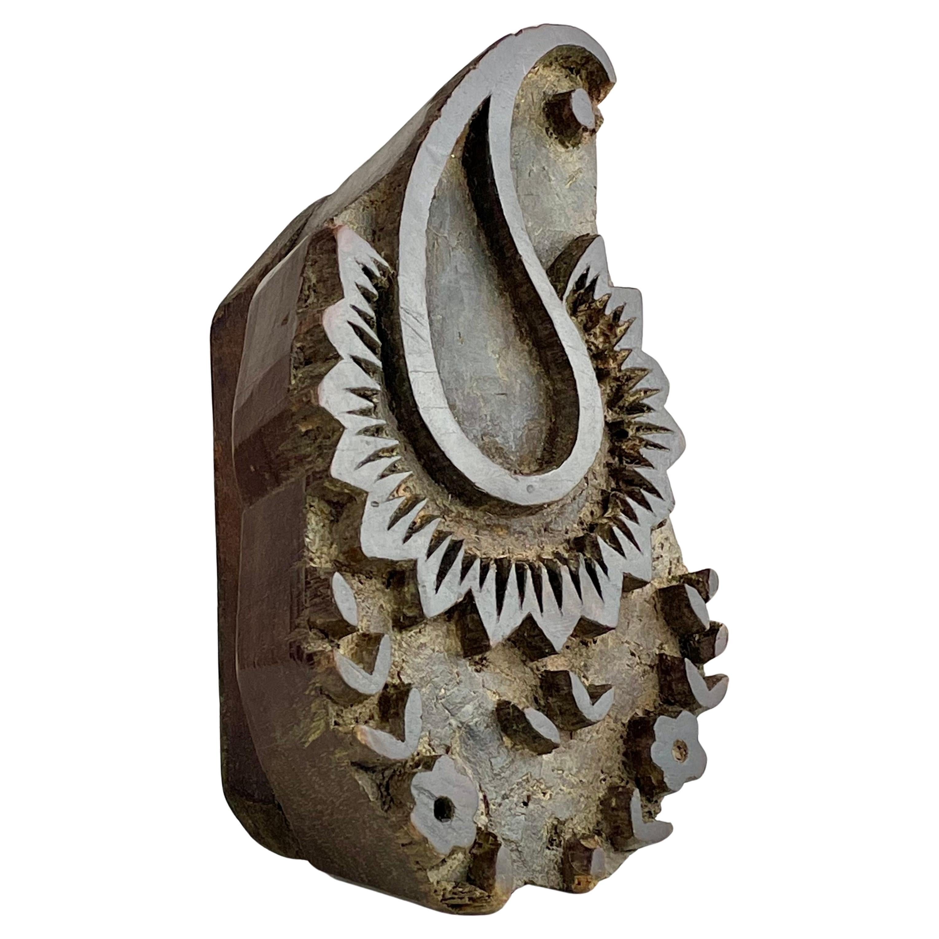 Ancien bloc d'impression en bois sculpté du 19ème siècle - Motif textile Paisley