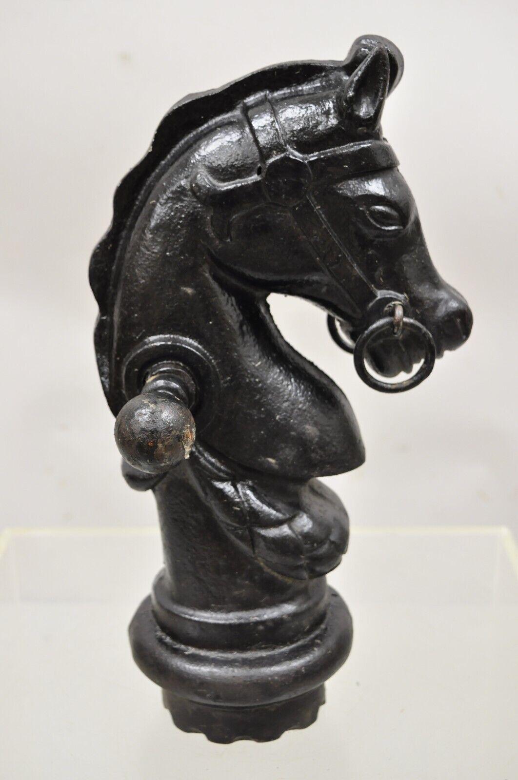 Antique 19th century cast iron horse head hitching post early American (B). Item features heavy cast iron construction, remarkable detail, black painted finish, very nice antique item, approx. 30 lbs. Circa 19th century. Measurements: 15