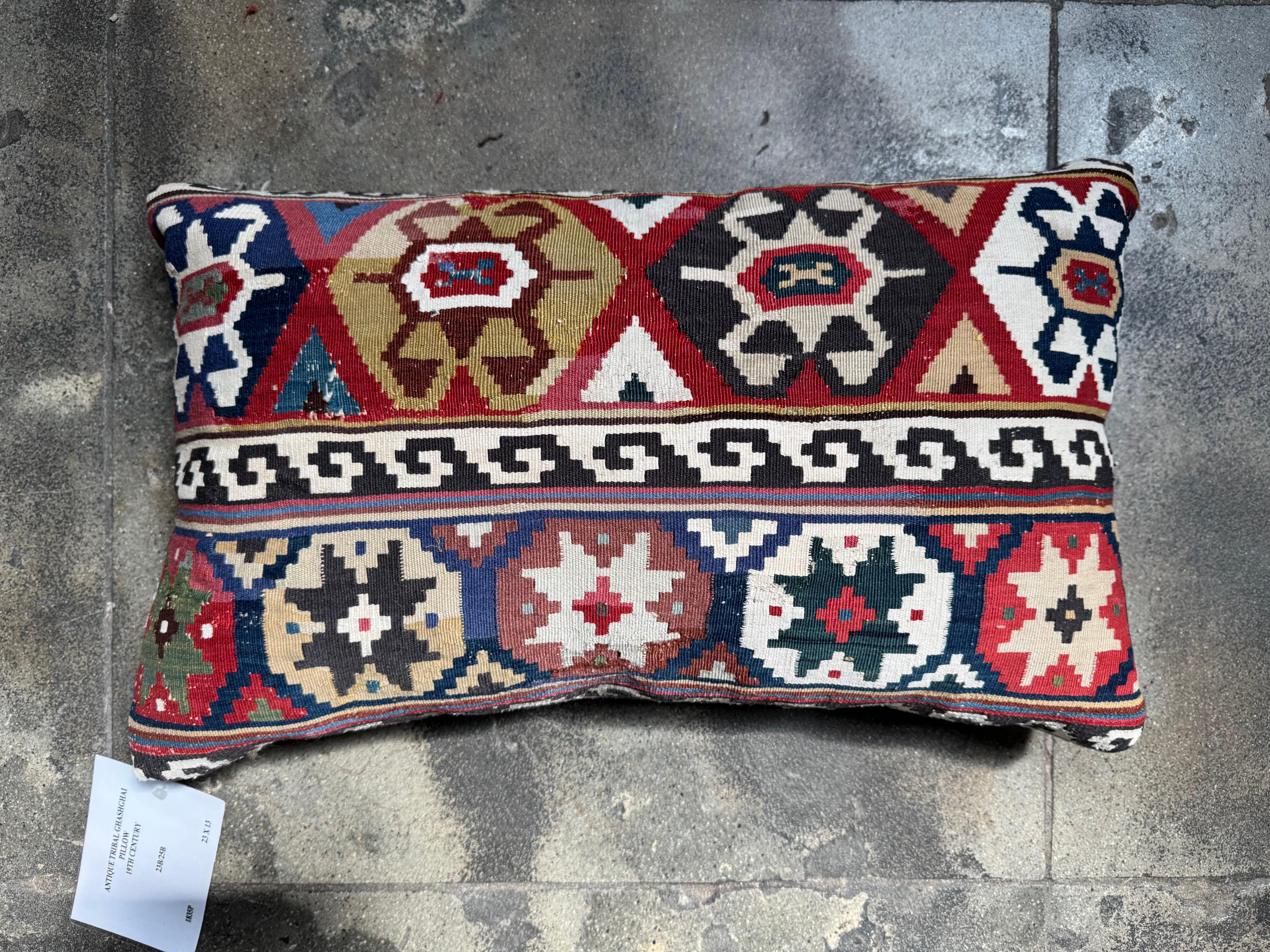 Hand-Woven Antique 19th Century Caucasian Kilim Pillow – 14” x 9” For Sale