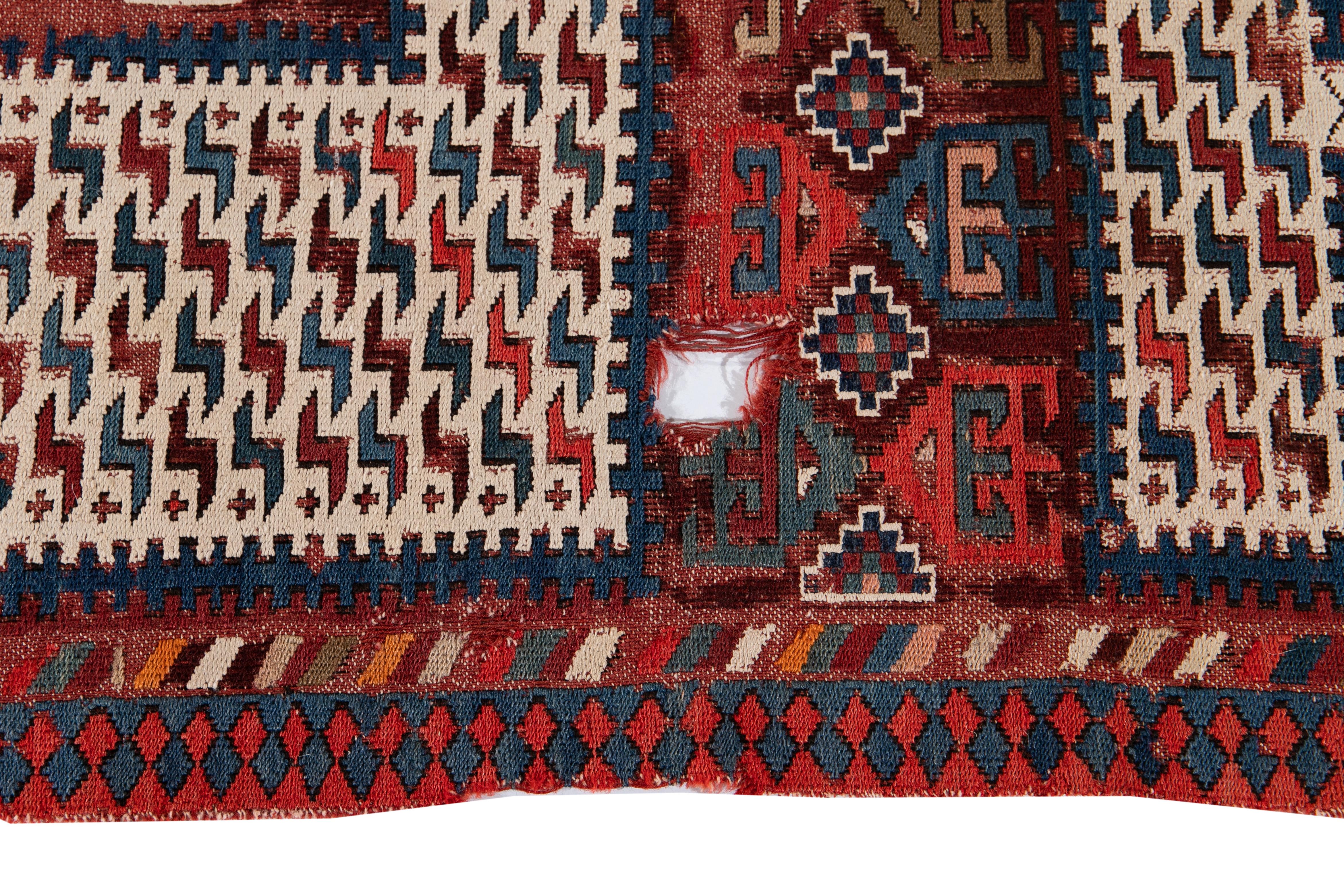 Antique 19th Century Caucasian Verneh Sileh Soumak Wool Rug In Distressed Condition For Sale In Norwalk, CT