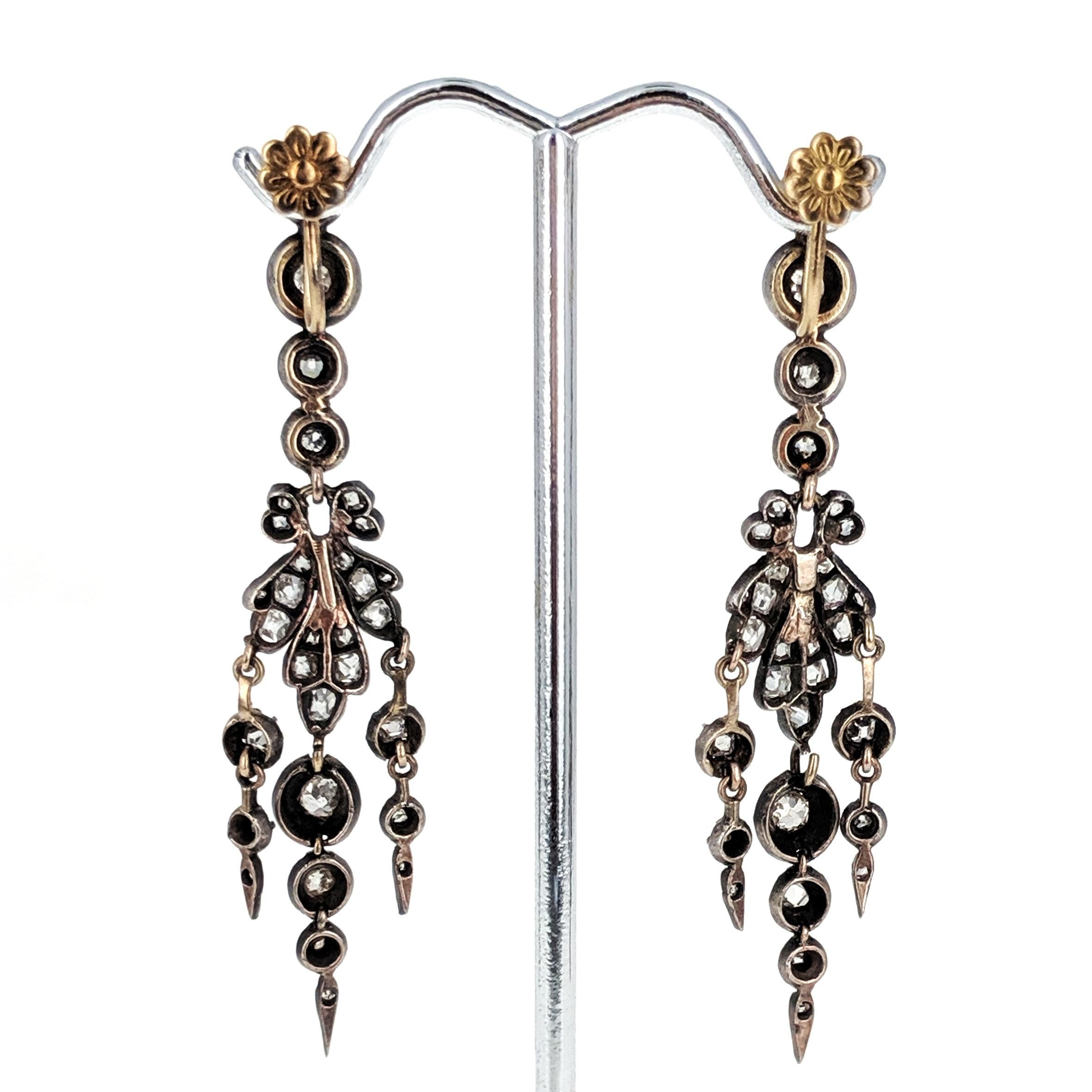 Antique Old Mine Cut Diamond Chandelier Earrings In Good Condition For Sale In New York, NY