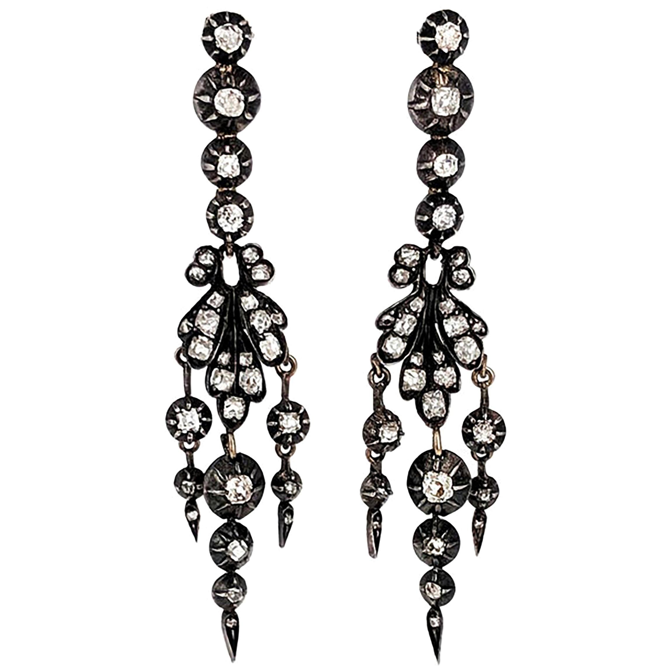 Antique Old Mine Cut Diamond Chandelier Earrings For Sale