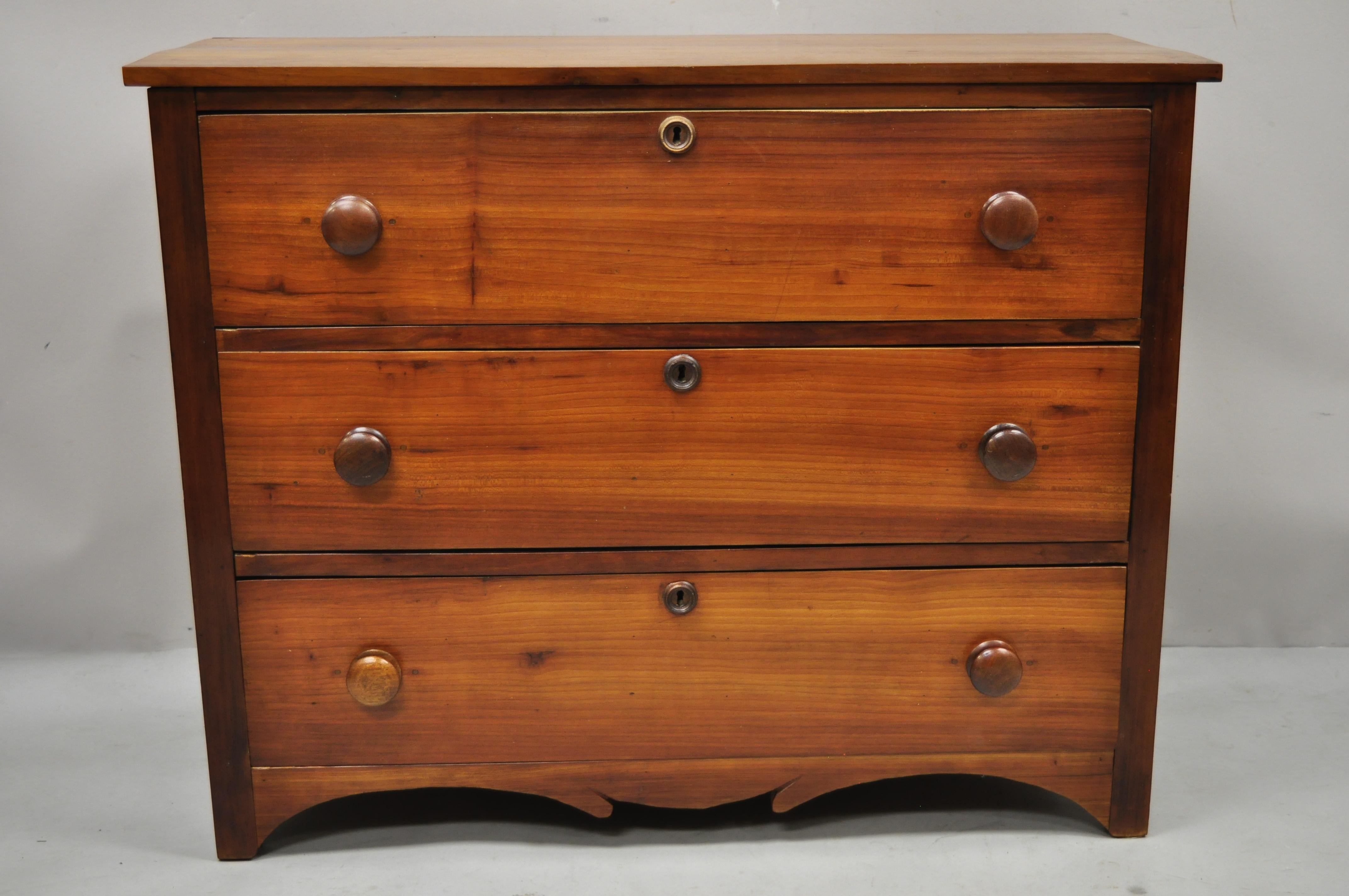 Antique 19th Century Cherry Wood Three Drawer Colonial Primitive Dresser Chest 6