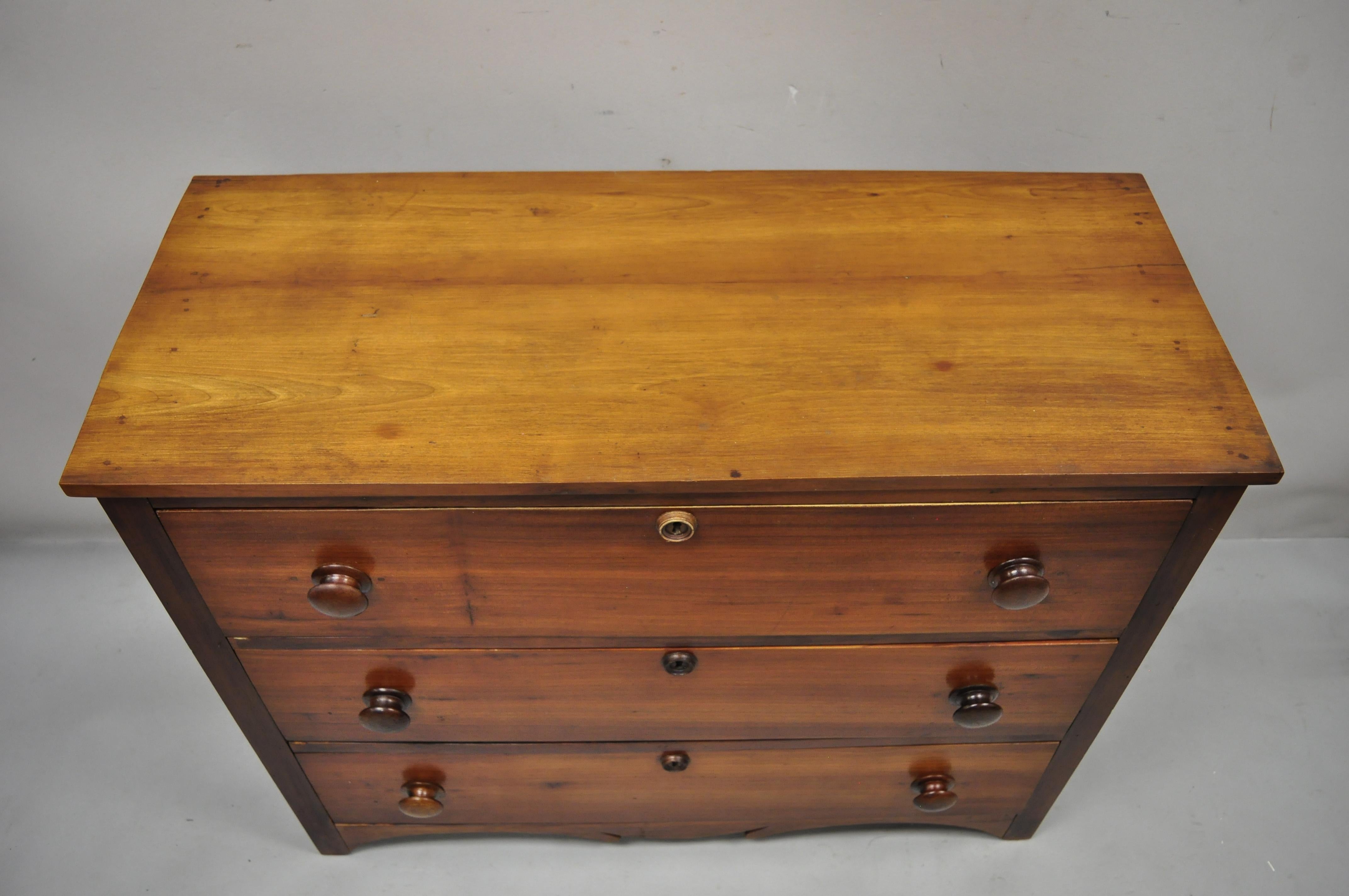 North American Antique 19th Century Cherry Wood Three Drawer Colonial Primitive Dresser Chest