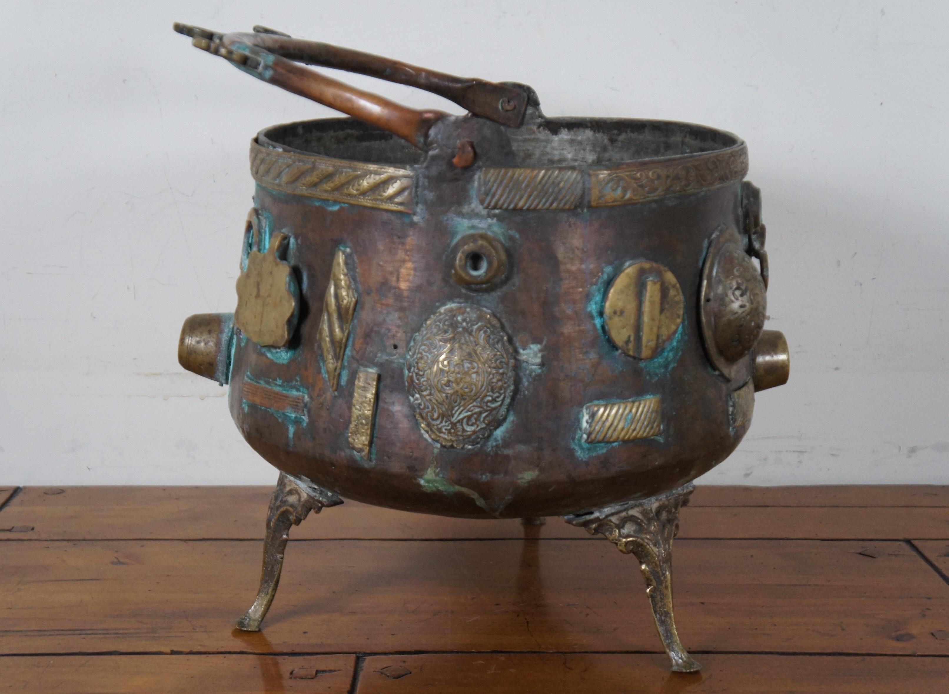 Chinoiserie Antique 19th Century Chinese Bronze Ornate Cauldron Pot Planter Tripod For Sale
