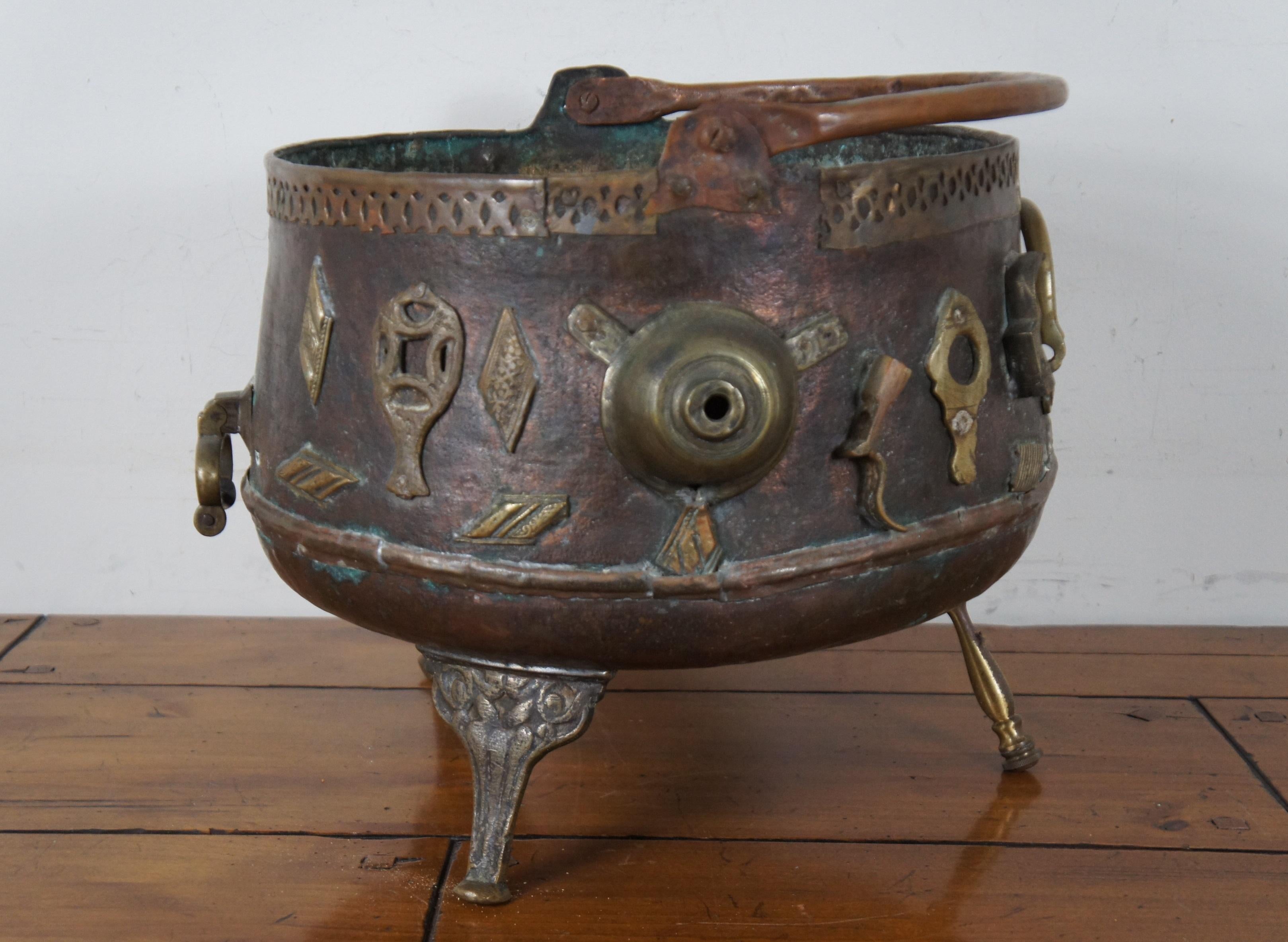 Chinoiserie Antique 19th Century Chinese Bronze Ornate Cauldron Pot Planter Tripod For Sale