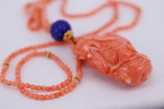 Antique 19th Century Chinese Carved Coral, Lapis Lazuli and Gold Necklace