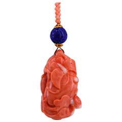 Antique 19th Century Chinese Carved Coral, Lapis Lazuli and Gold Necklace