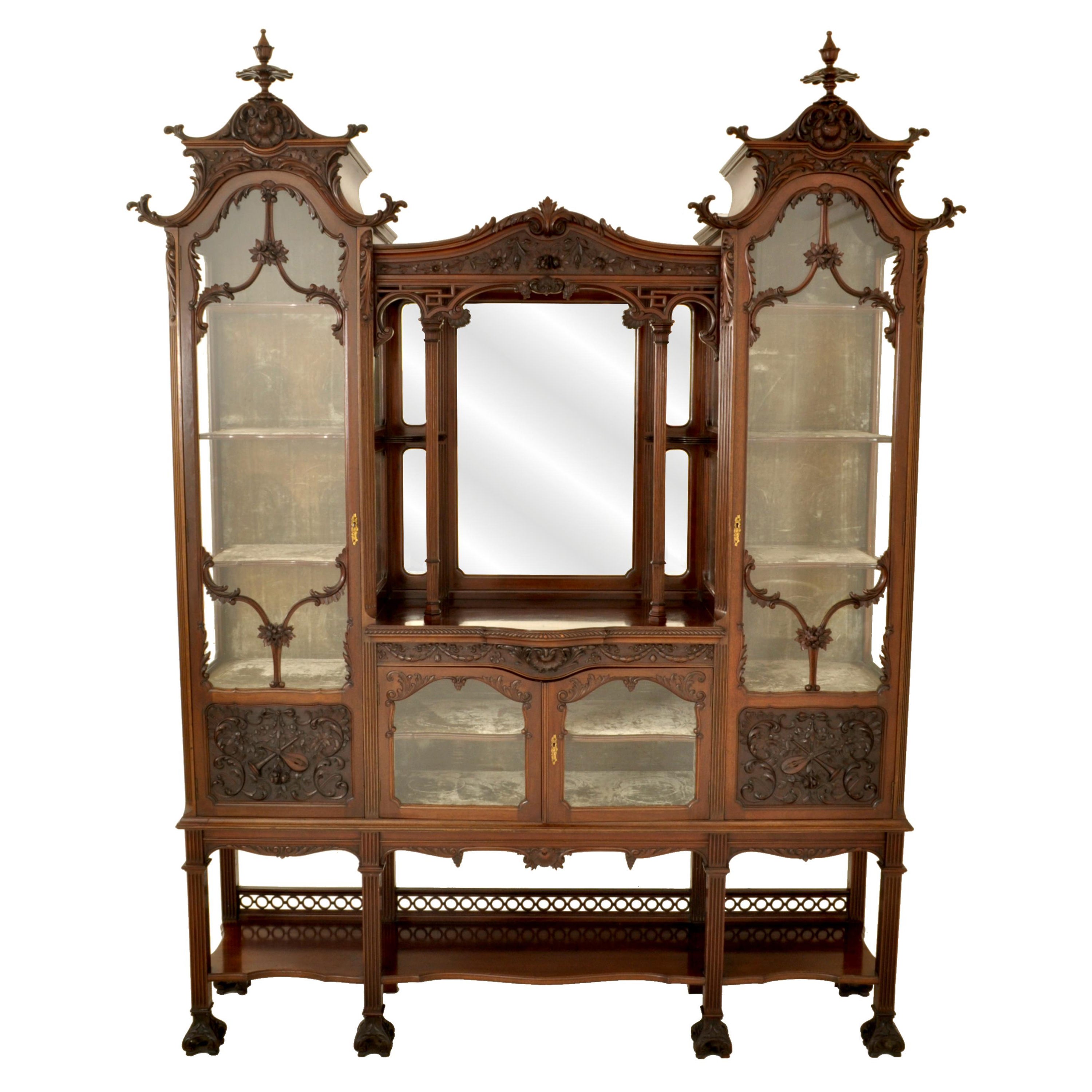 Antique 19th Century Chinese Chippendale Carved Mahogany Display Cabinet Hutch