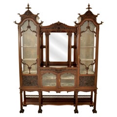 Antique 19th Century Chinese Chippendale Carved Mahogany Display Cabinet Hutch