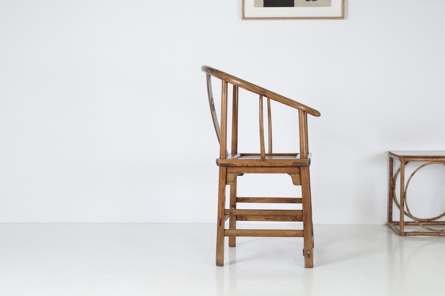 Chinese Export Antique 19th Century Chinese Elm Quanyi Horseshoe Back Armchair