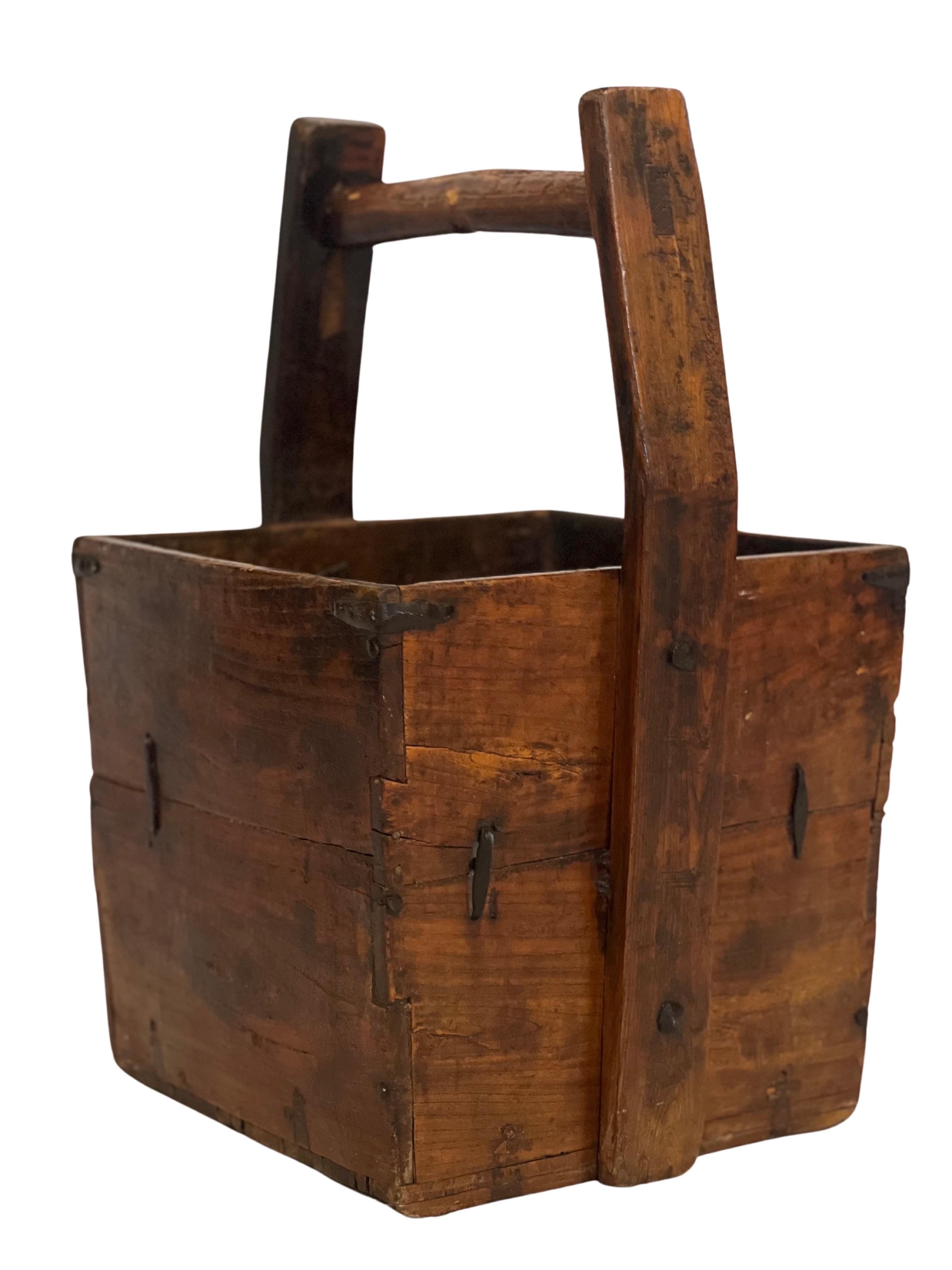 Primitive Antique 19th Century Chinese Elm Rice Harvest Bucket For Sale