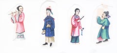 Antique 19th Century Chinese Export Gouache Figures On Pith Paper Canton, C.1840