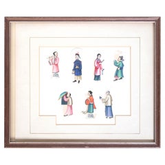 Antique 19th Century Chinese Export Gouache Figures On Pith Paper Canton, C.1840