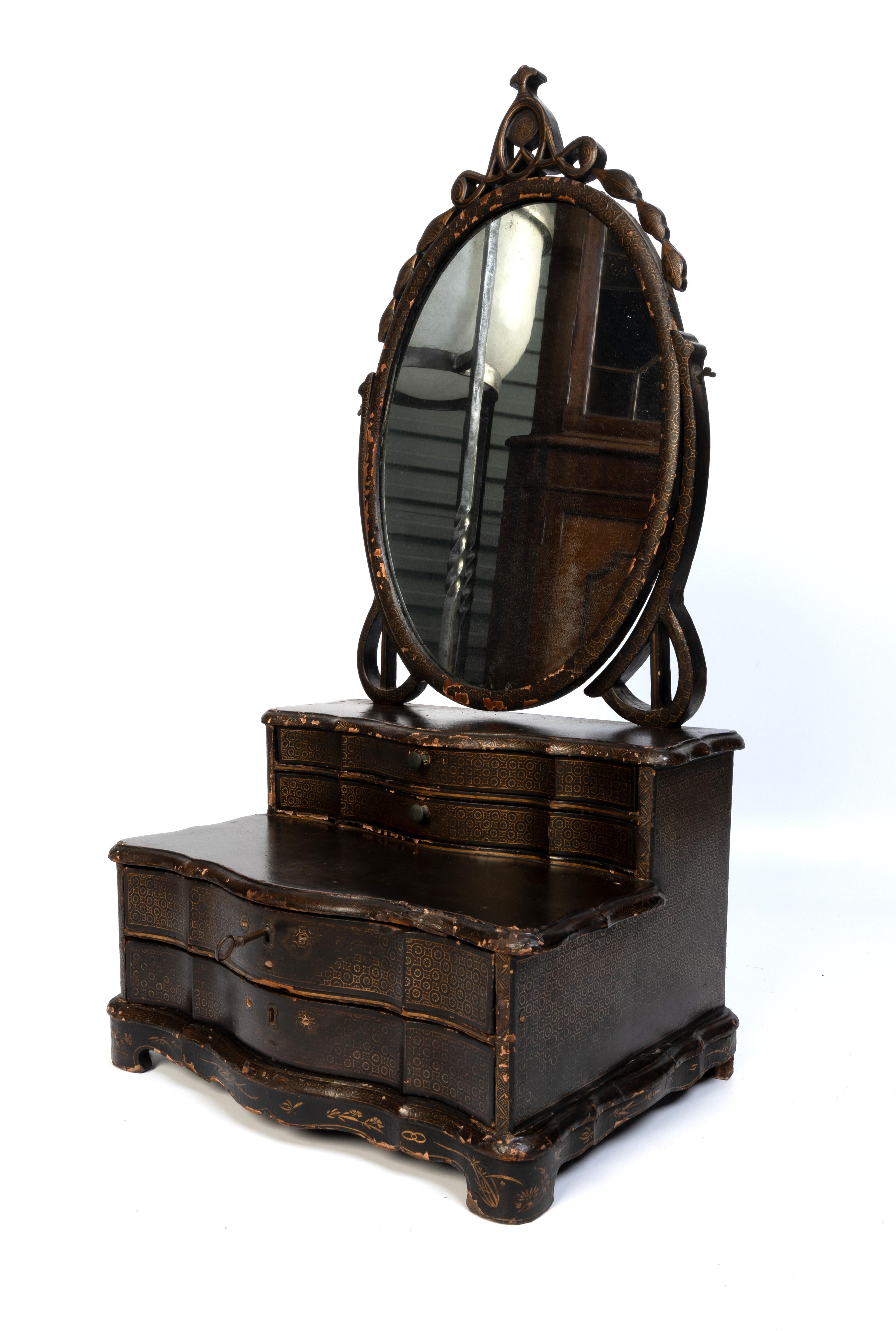 Chinoiseries Antique miroir de coiffeuse en laque d'exportation chinoise du 19e siècle, Angleterre, vers 1830 en vente