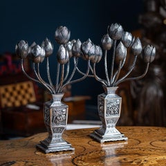 Antiguo par de candelabros de plata maciza de exportación china del siglo XIX c.1900