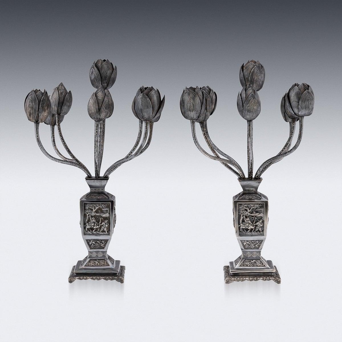 Other Antique 19th Century Chinese Export Pair Of Solid Silver Candelabras c.1900