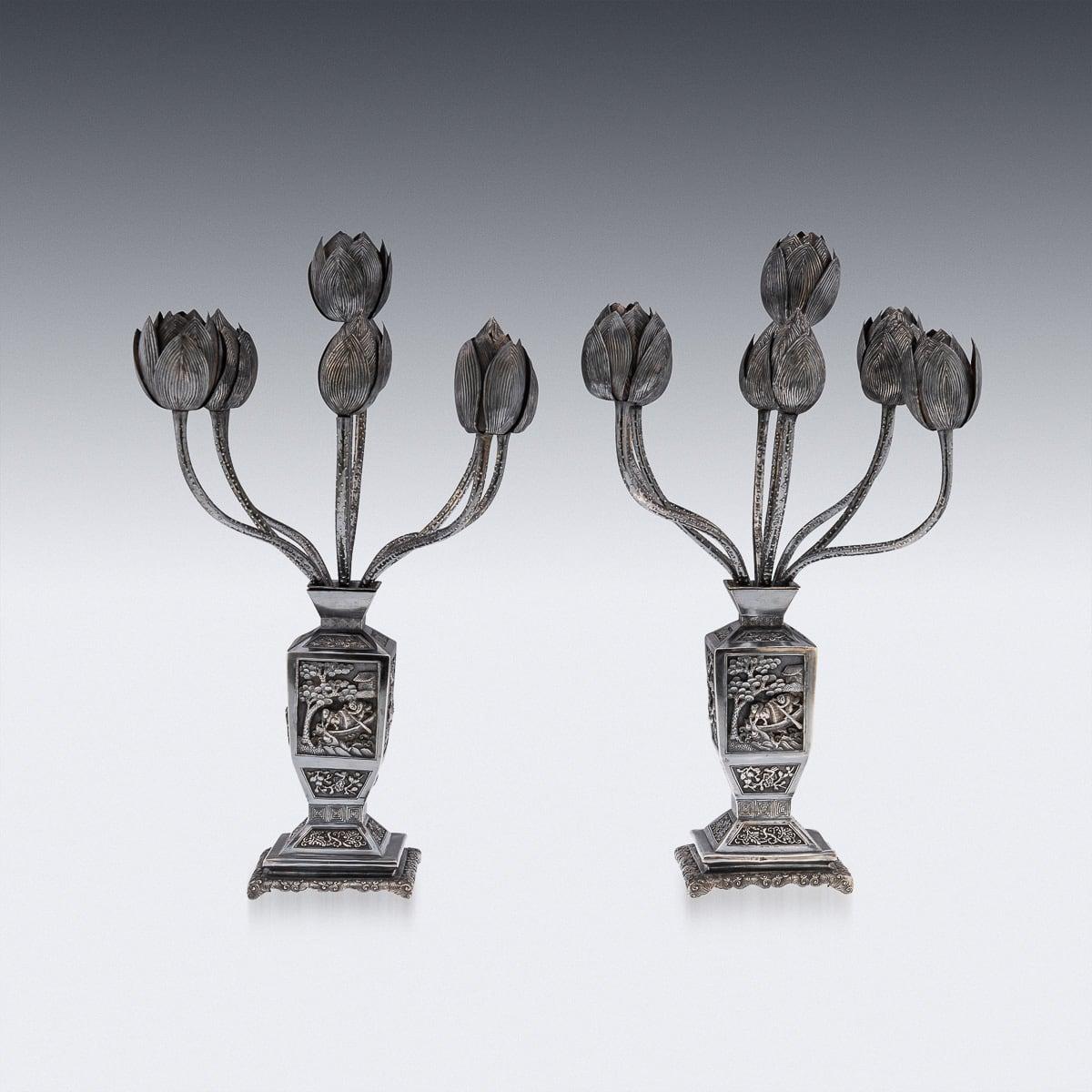 Antique 19th Century Chinese Export Pair Of Solid Silver Candelabras c.1900 In Good Condition In Royal Tunbridge Wells, Kent