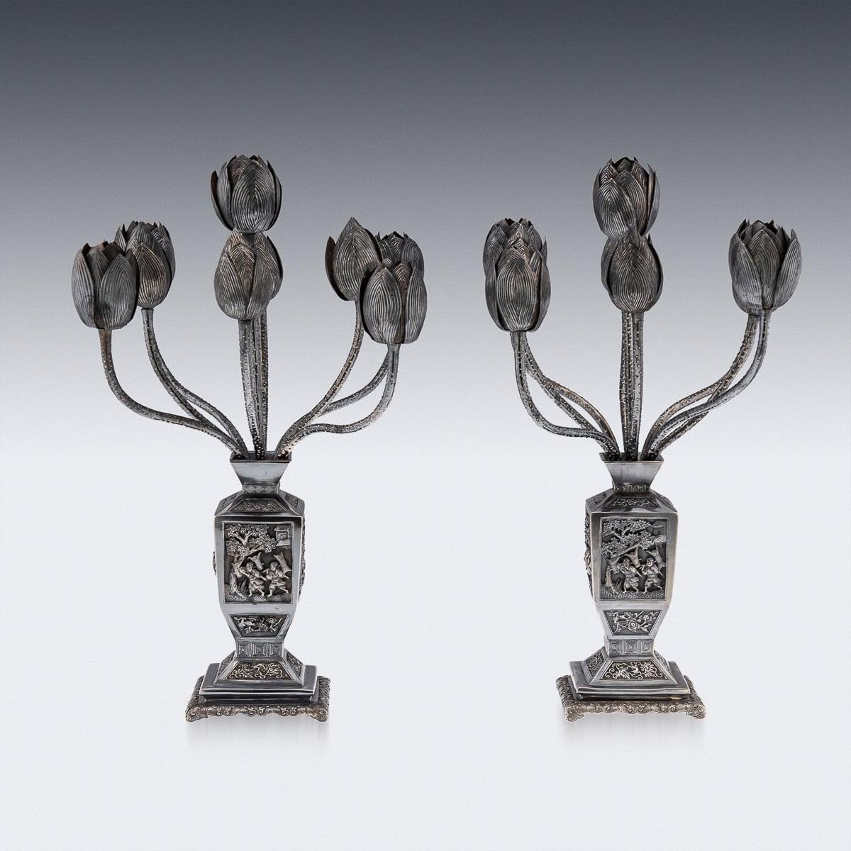 20th Century Antique 19th Century Chinese Export Pair Of Solid Silver Candelabras c.1900