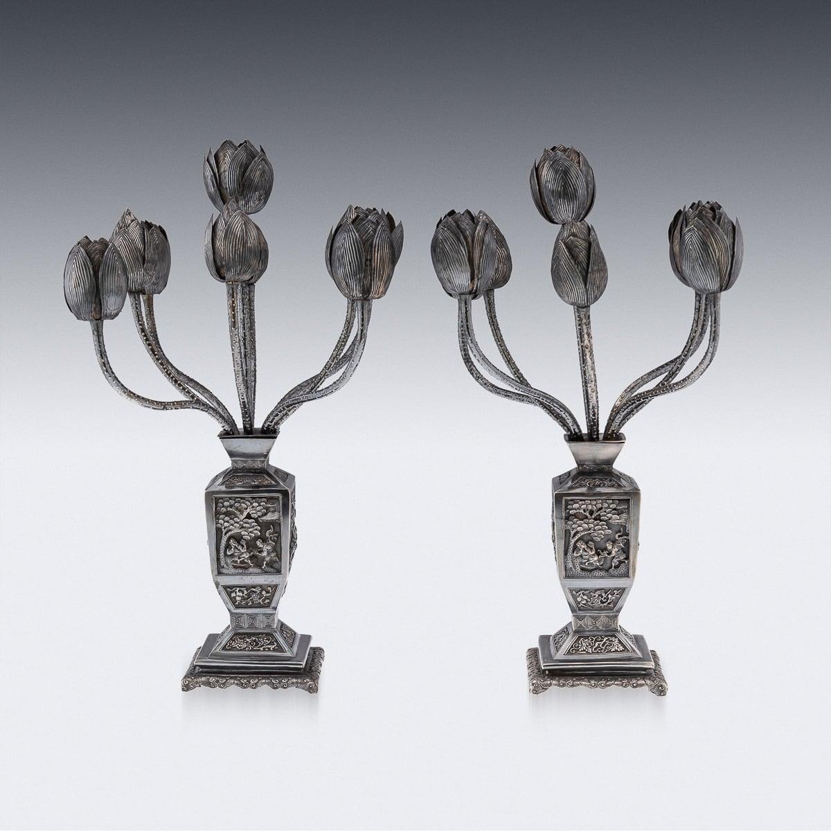 Antique 19th Century Chinese Export Pair Of Solid Silver Candelabras c.1900 1
