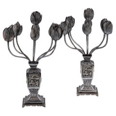 Antique 19th Century Chinese Export Pair Of Solid Silver Candelabras c.1900