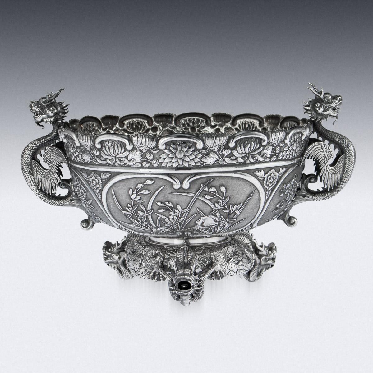 Antique Chinese Export Solid Silver Dragon Bowl by Wang Hing, circa 1890 In Good Condition In Royal Tunbridge Wells, Kent