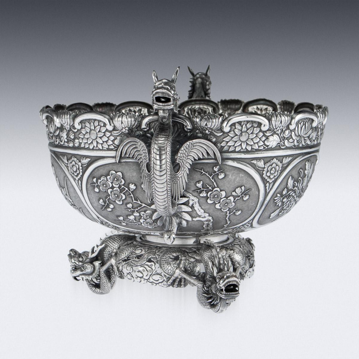19th Century Antique Chinese Export Solid Silver Dragon Bowl by Wang Hing, circa 1890