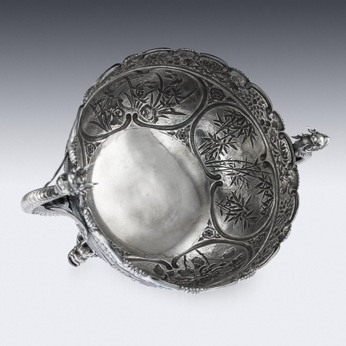 Antique Chinese Export Solid Silver Dragon Bowl by Wang Hing, circa 1890 1