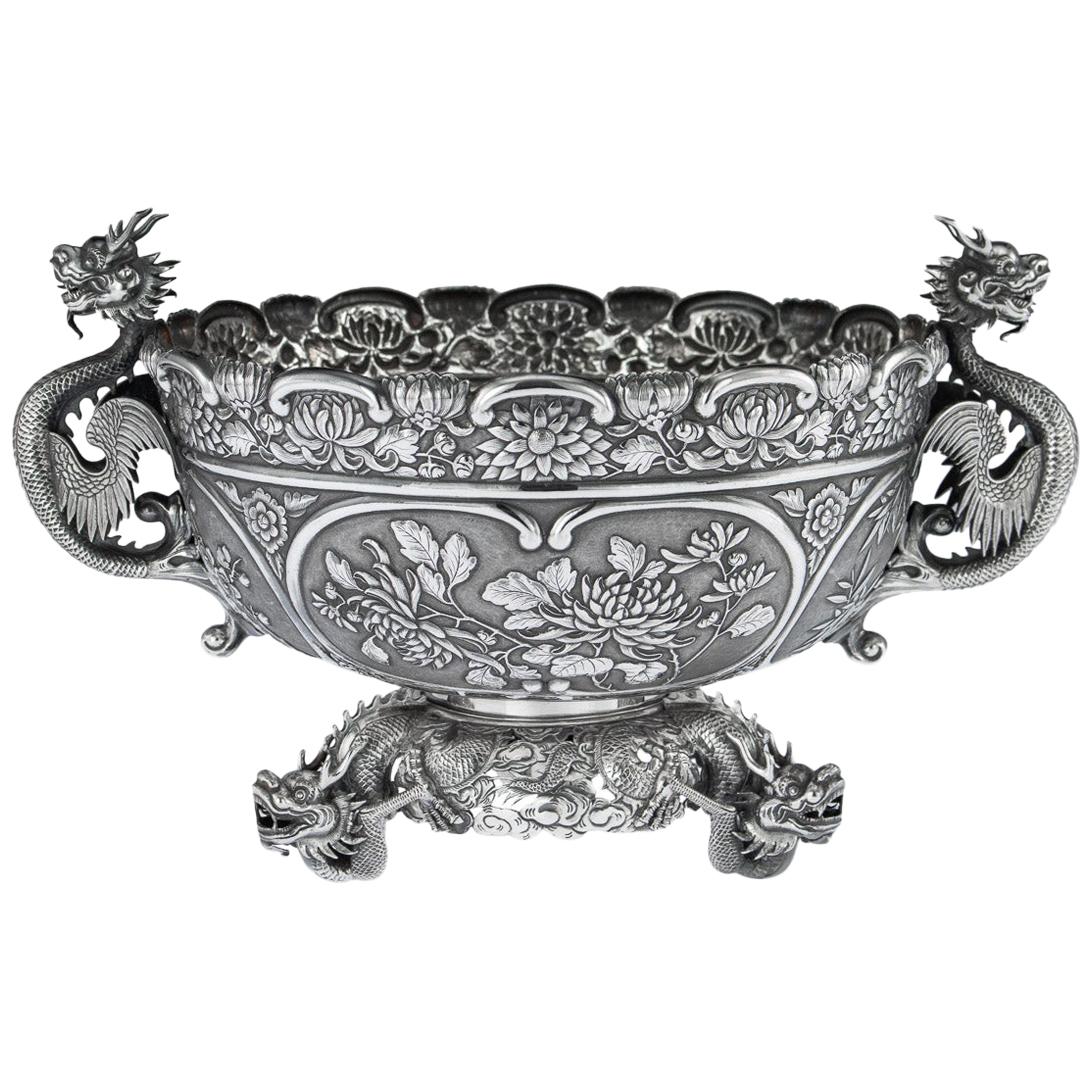 Antique Chinese Export Solid Silver Dragon Bowl by Wang Hing, circa 1890