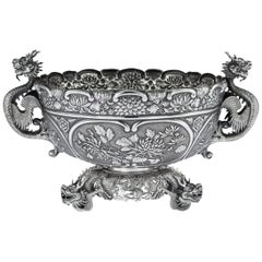 Antique Chinese Export Solid Silver Dragon Bowl by Wang Hing, circa 1890