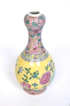Antique 19th Century Chinese Famille Jaune And Rose Garlic Mouth Porcelain Vase