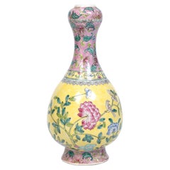 Antique 19th Century Chinese Famille Jaune And Rose Garlic Mouth Porcelain Vase