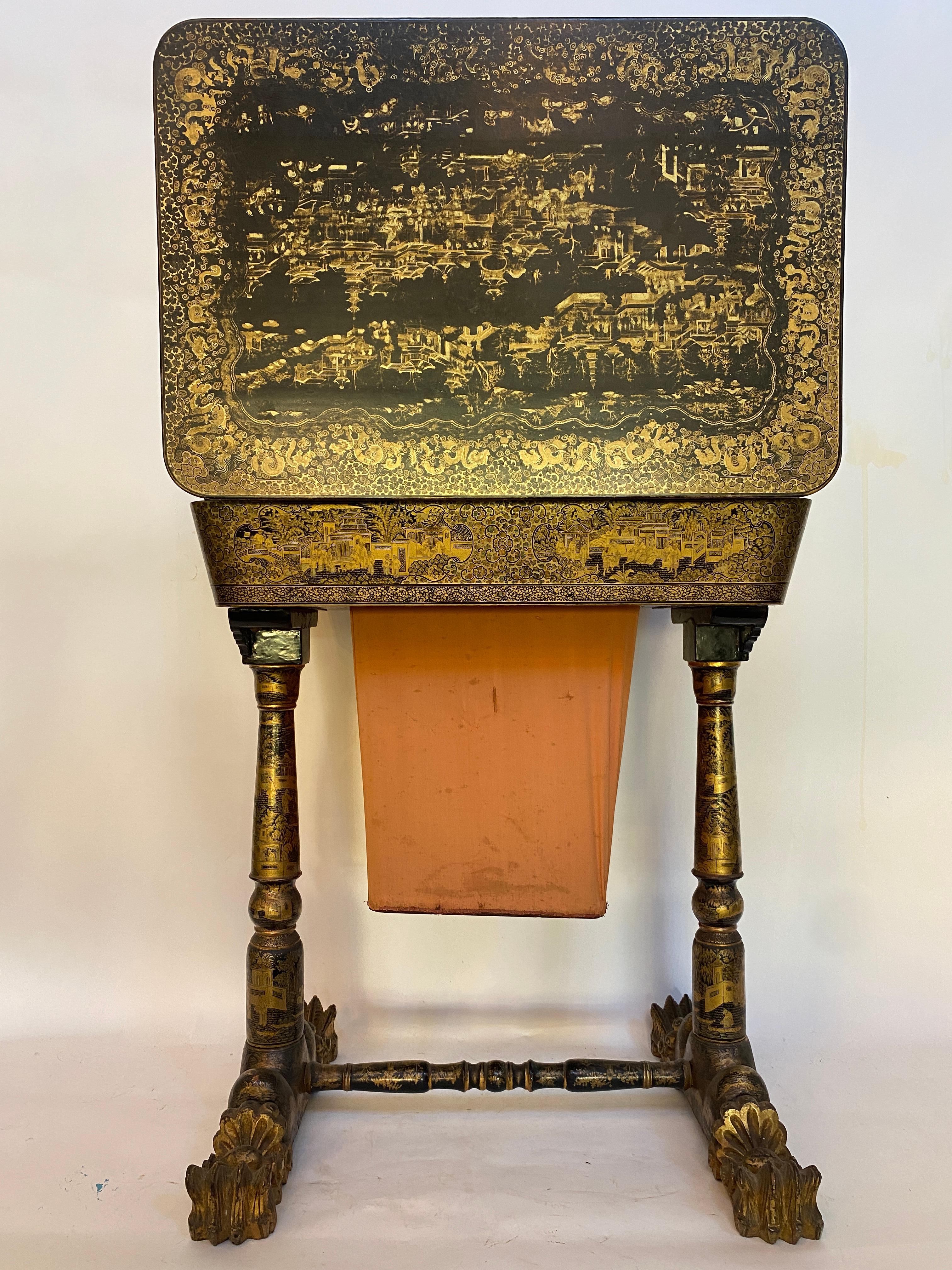 Ancienne table à couture chinoise du 19ème siècle en laque dorée en vente 5