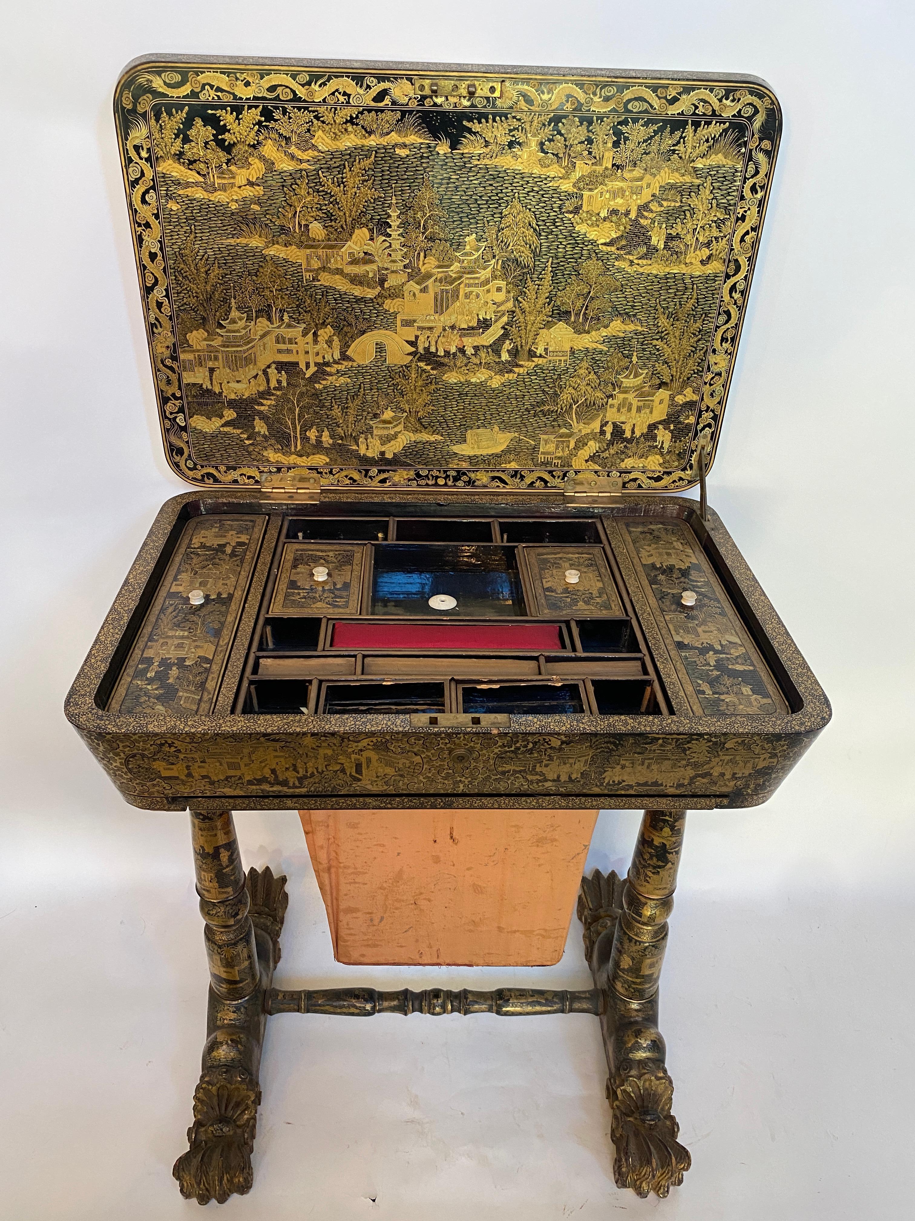 Qing Antique 19th Century Chinese Gilt Lacquer Sewing Table For Sale