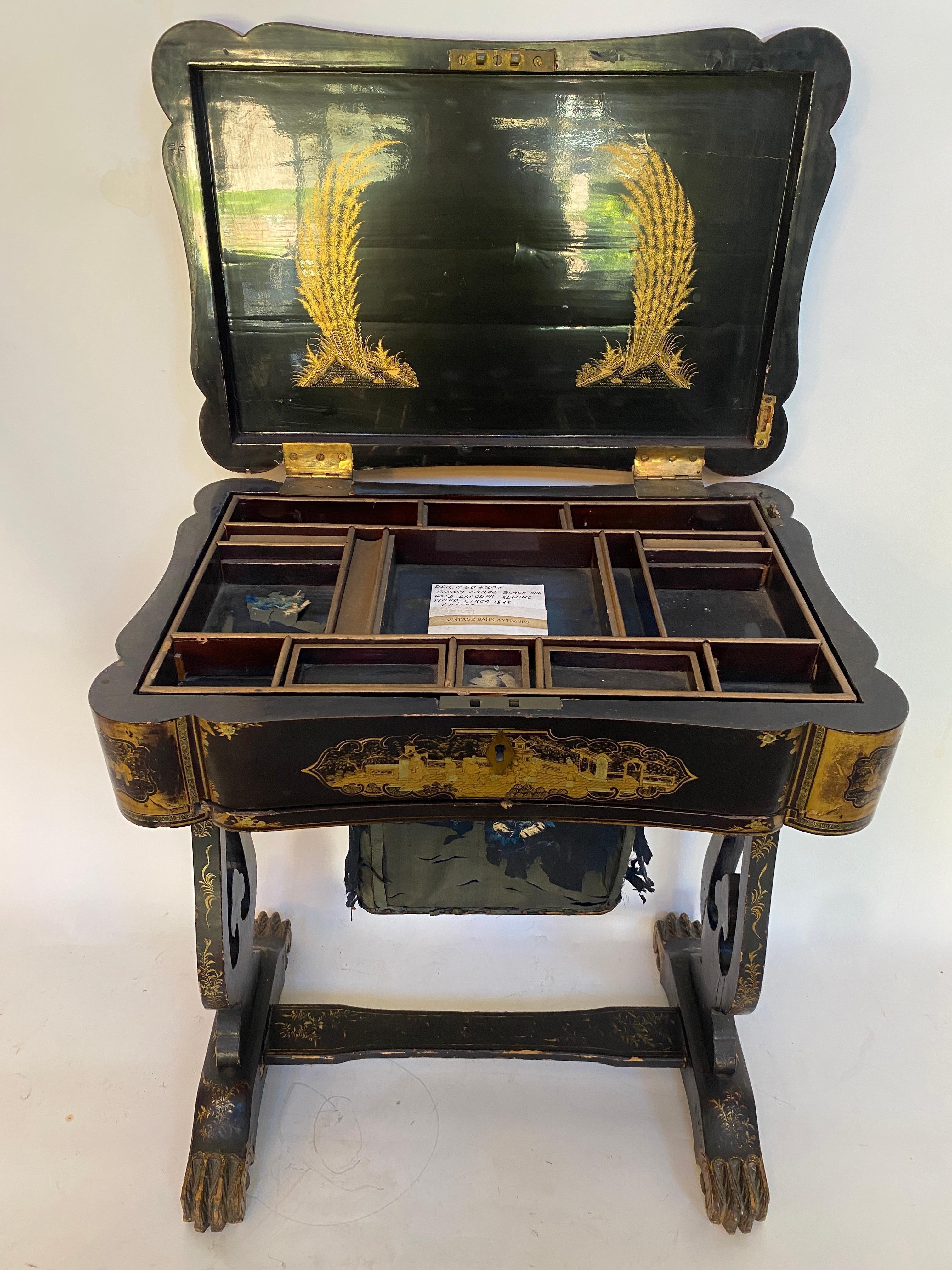 Antique 19th Century Chinese Lacquer Sewing Box with the Stand For Sale 4