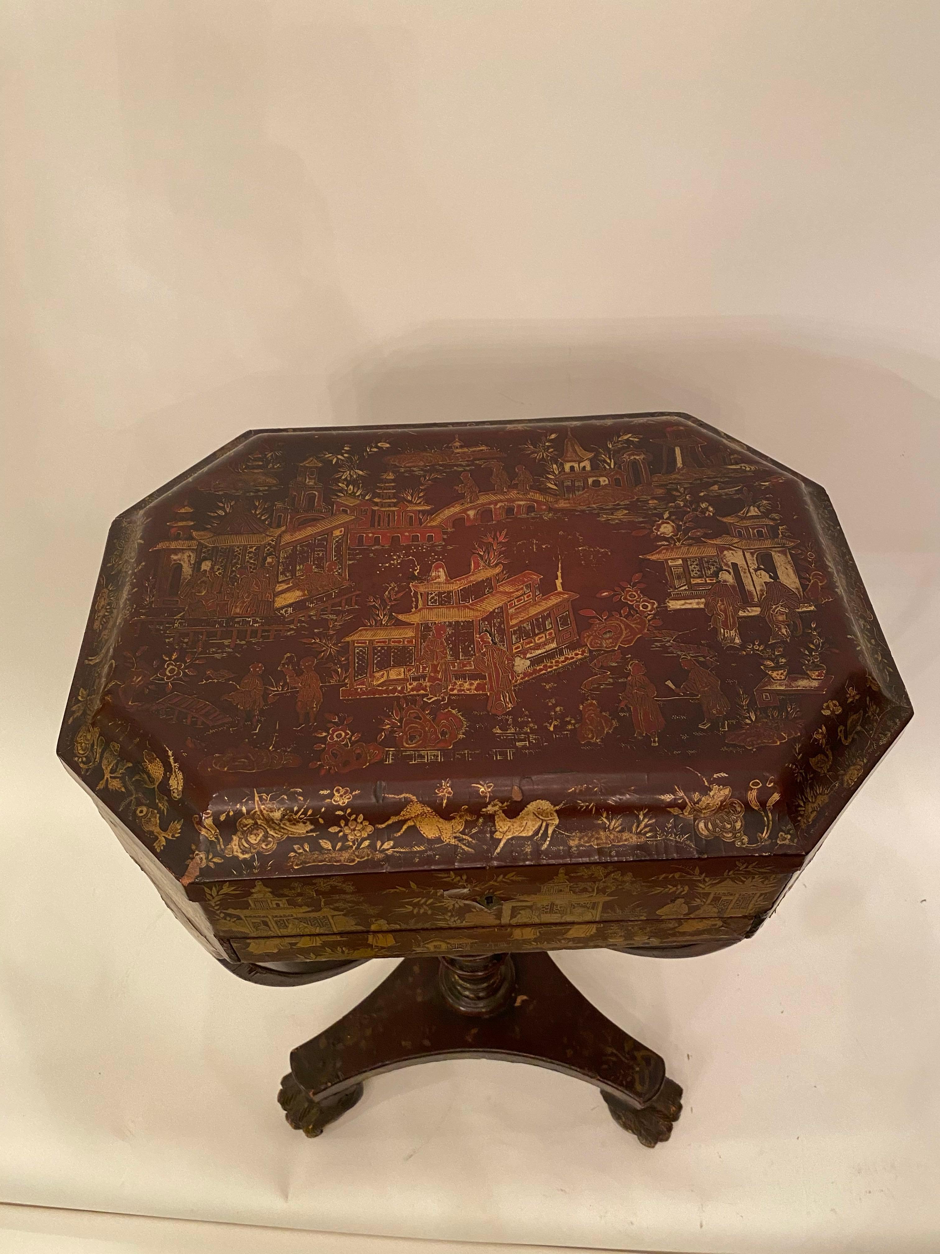 Antiguo Costurero Chino Lacado del Siglo XIX con Soporte Pintado a mano en venta