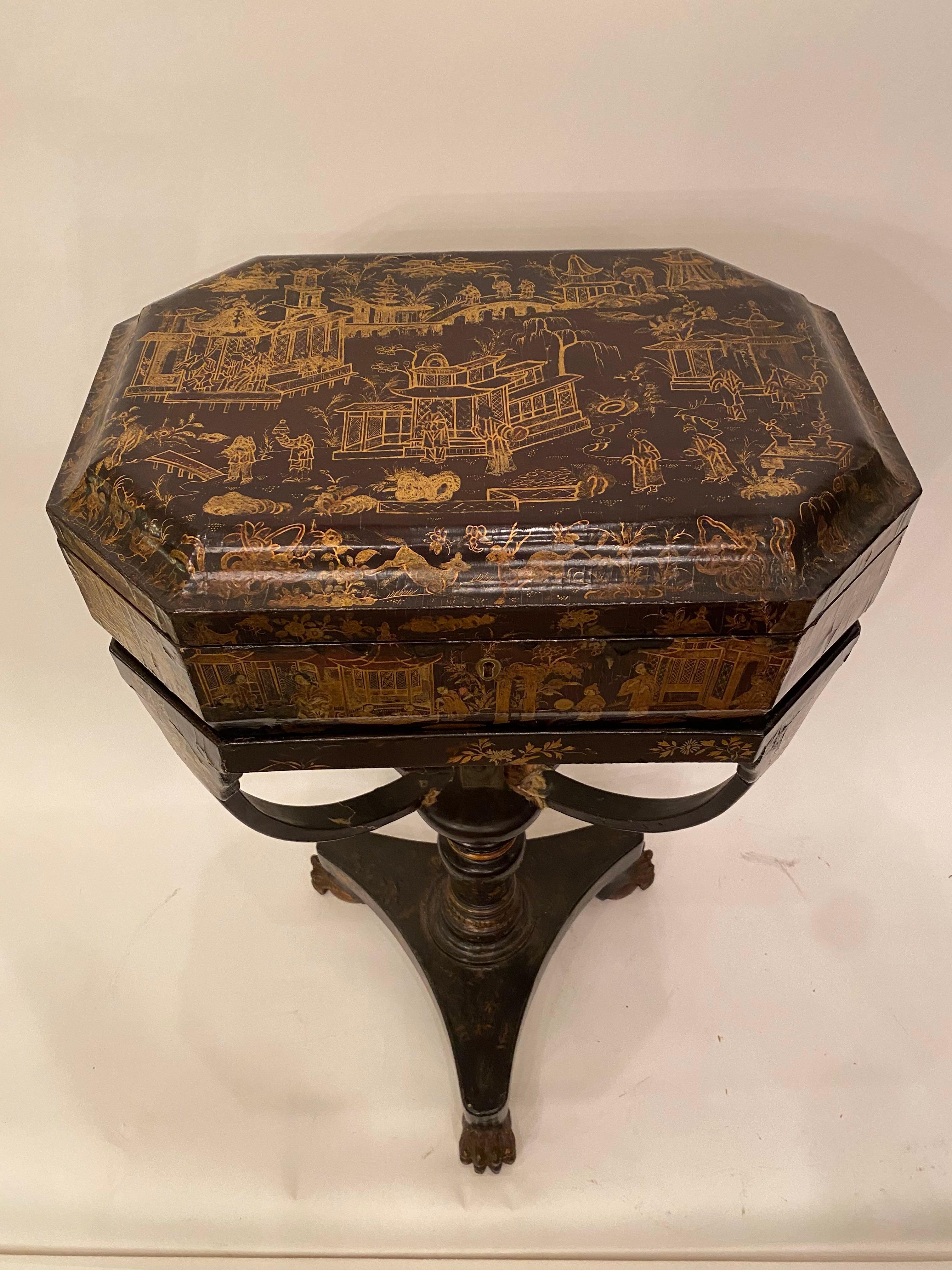 Antique 19th Century Chinese Lacquer Sewing Box with the Stand In Good Condition For Sale In Brea, CA