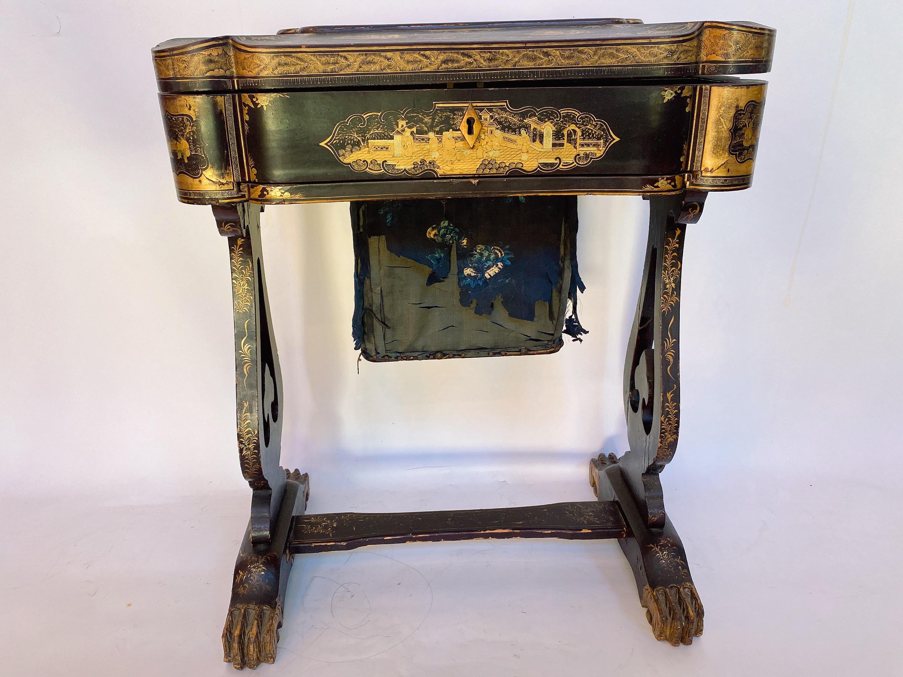 Hand-Painted Antique 19th Century Chinese Lacquer Sewing Box with the Stand For Sale
